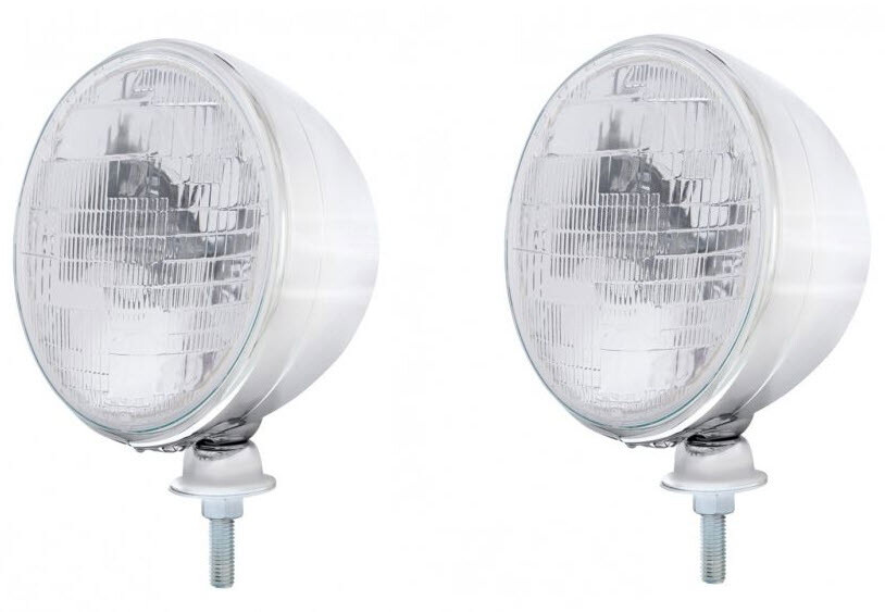 Pair Chrome Dietz 7" Head Light Buckets w/ Sealed Beam Bulb for Hot Rods