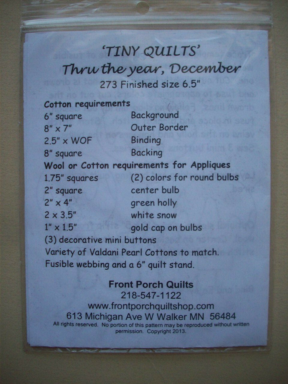 Tiny Quilts thru the Year December Christmas bulbs quilt pattern