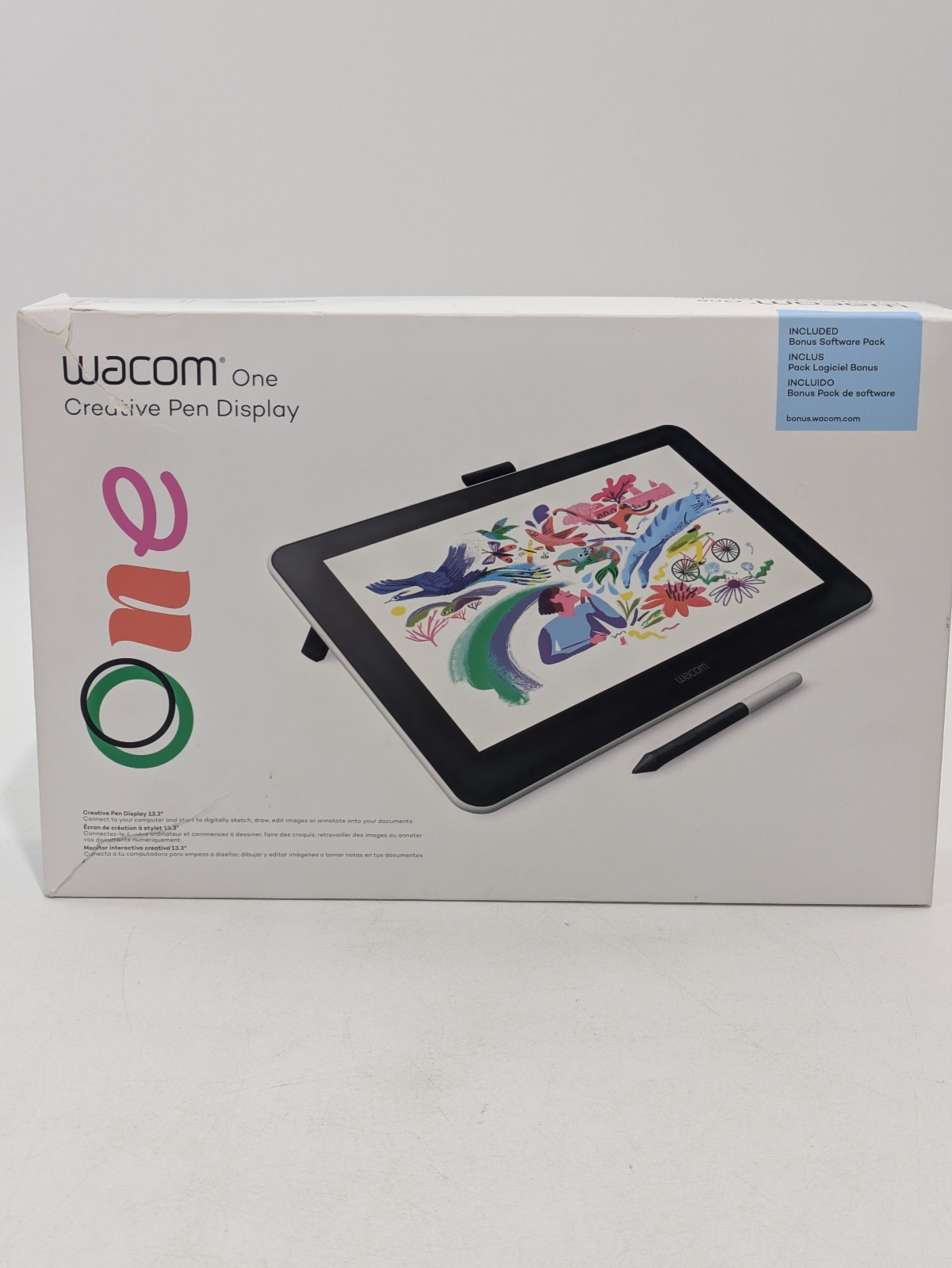 Wacom One DTC133W0A 13.3" Creative Pen Display Tablet Pen Cables Box