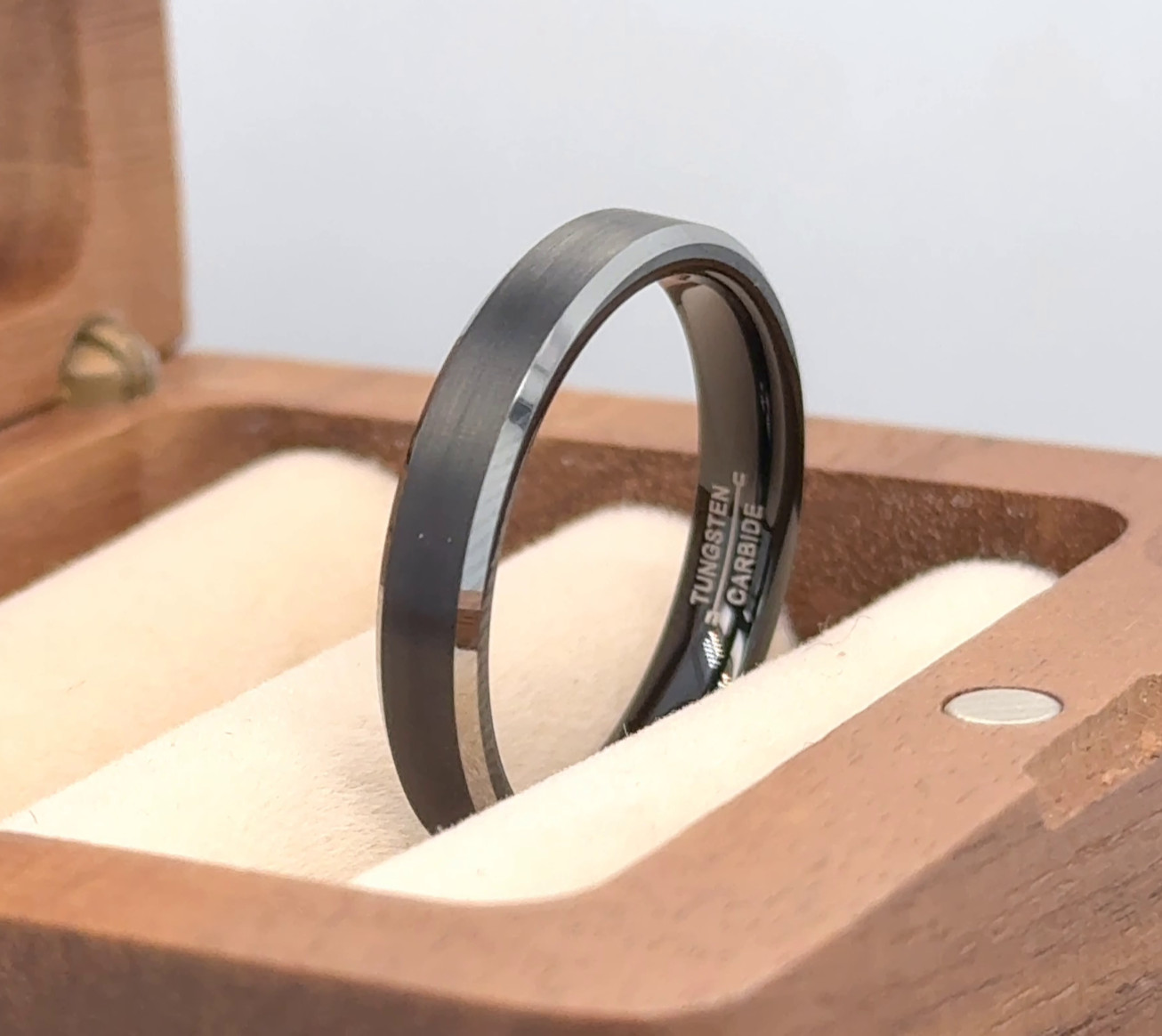 Matt Finish Beveled Edge Future Wife Band Stacking Black & Silver Tungsten Ring