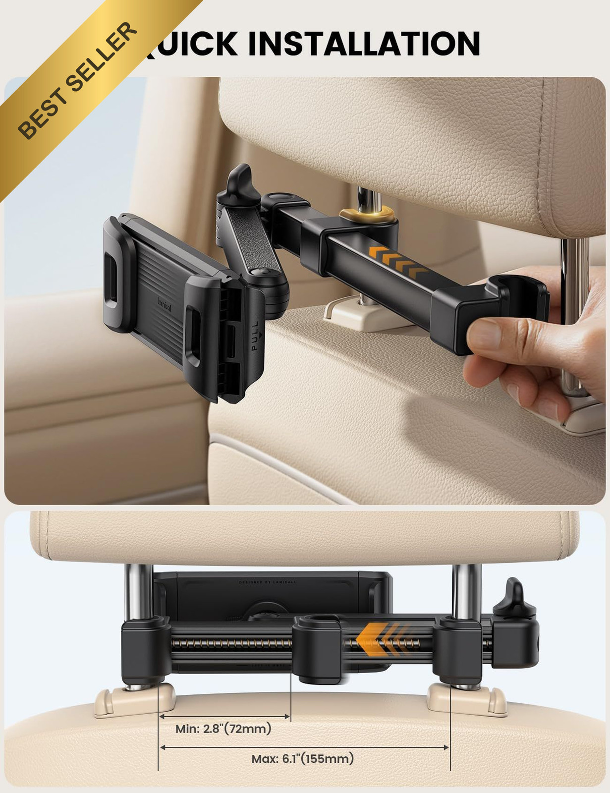 Lamicall Car Headrest Tablet Holder - [Foldable Clip] [Lockable] Black
