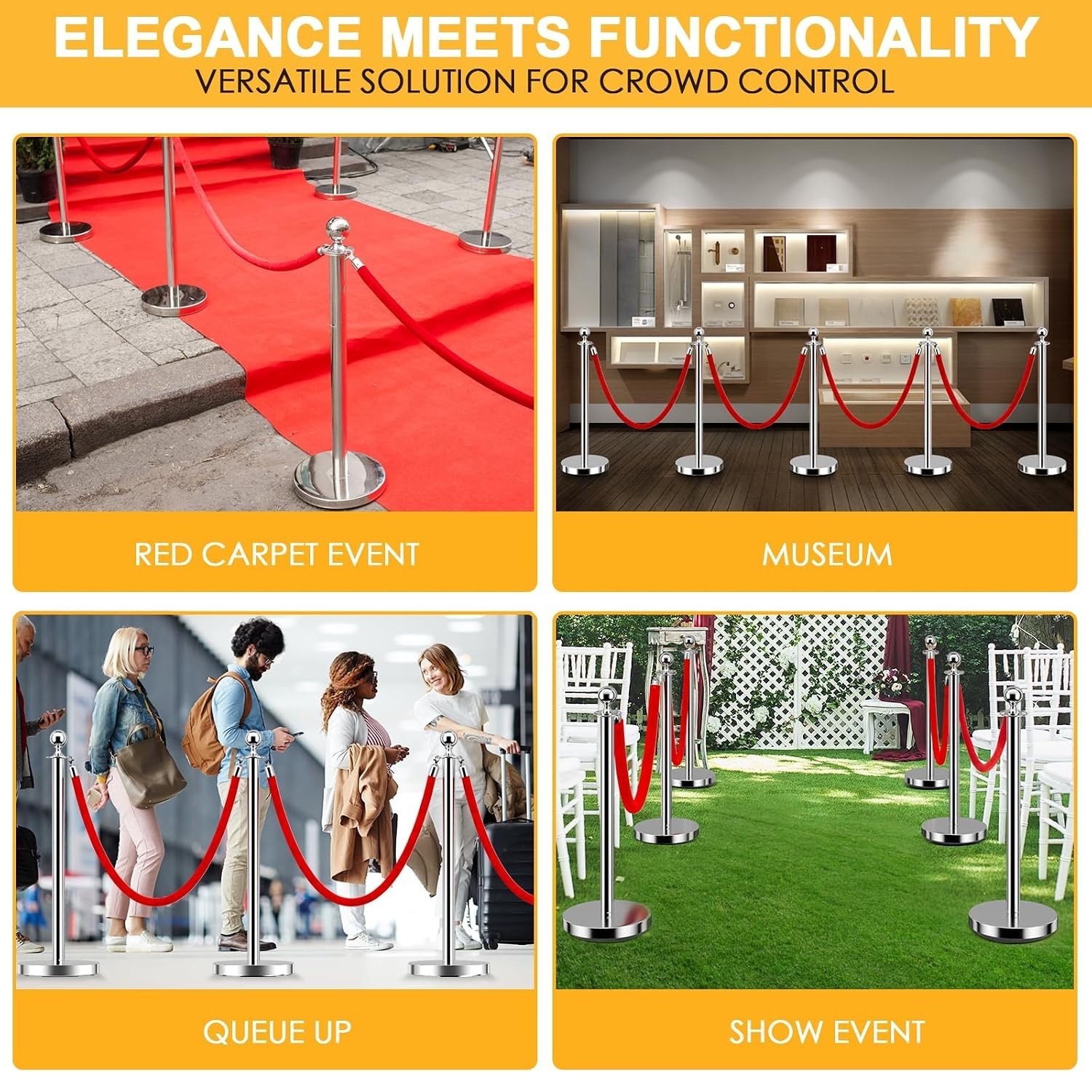 4 Silver Stanchion Posts Queue Barrier 2 Velvet Red Ropes Event Crowd Control