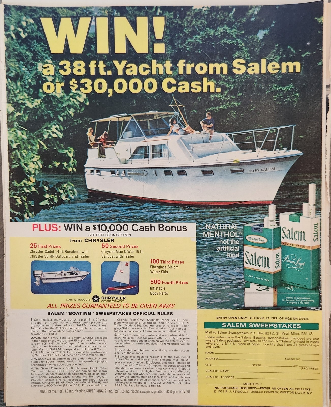 1971 Salem Cigarettes Vintage Ad Win a 38 foot Yacht Sweepstakes Form
