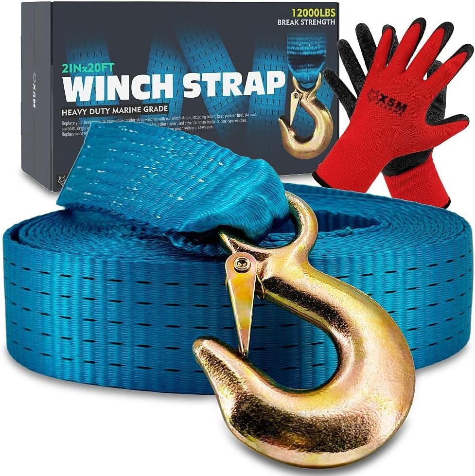 Heavy-Duty Marine-Grade Boat Trailer Winch Strap Kit (2" x 20', 12,000 lbs Break