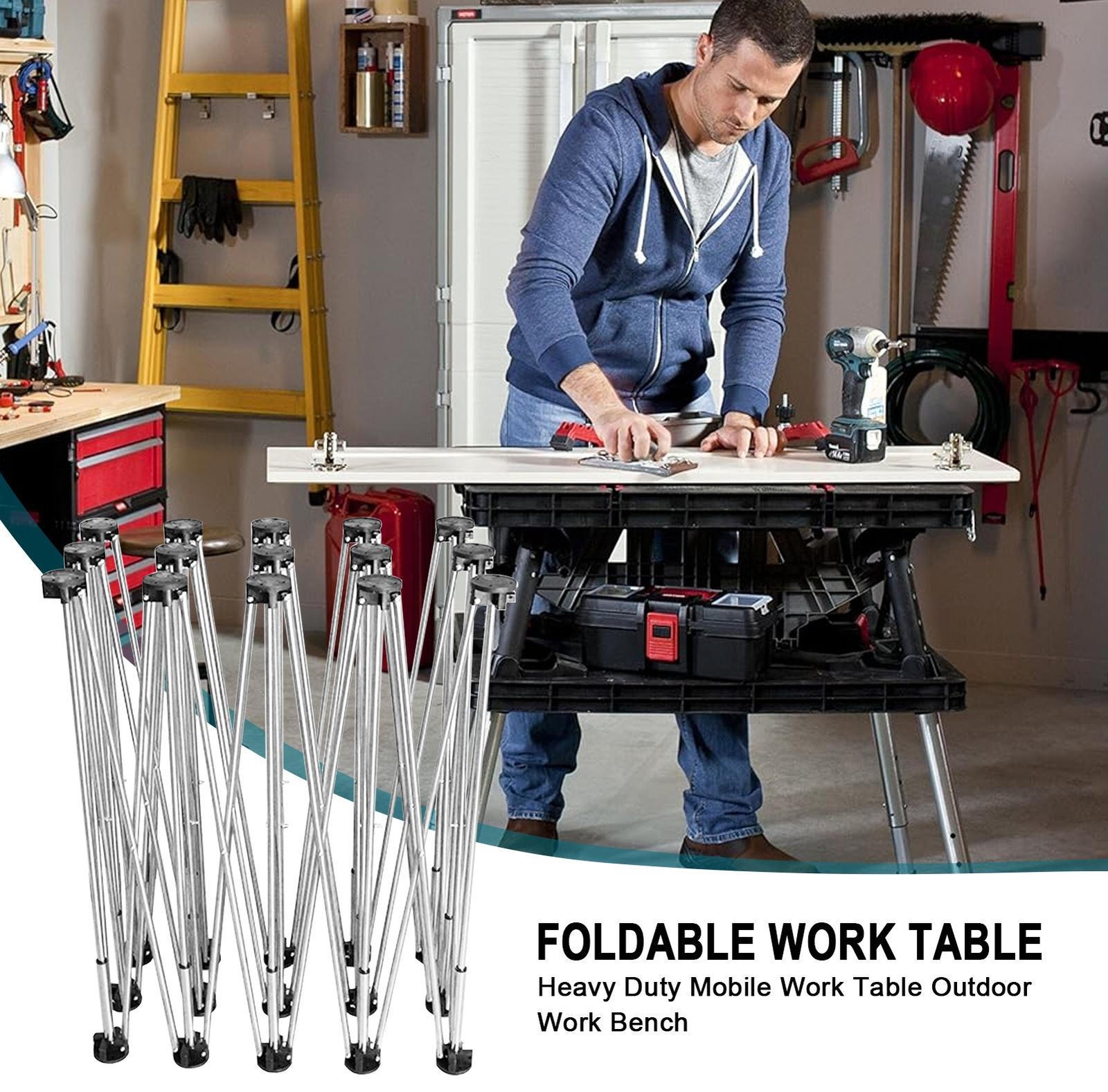 87*29in Portable Work Station with Storage Bag, Foldable Work Bench Table Silver