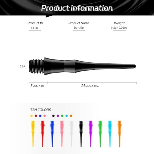 2BA Thread Soft Tip Dart Points 500 Pack, 10 Colors, Plastic Dart Tips 500pcs