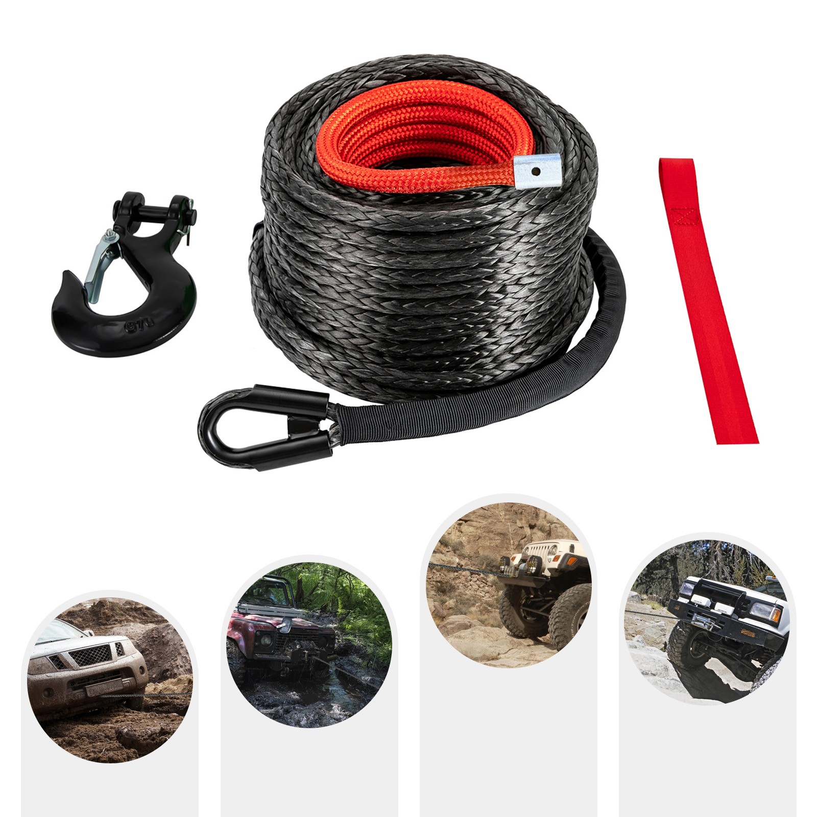 3/8" X 100" Synthetic Winch Rope With Hook For 4wd Off-road Truck Atv Utv Suv