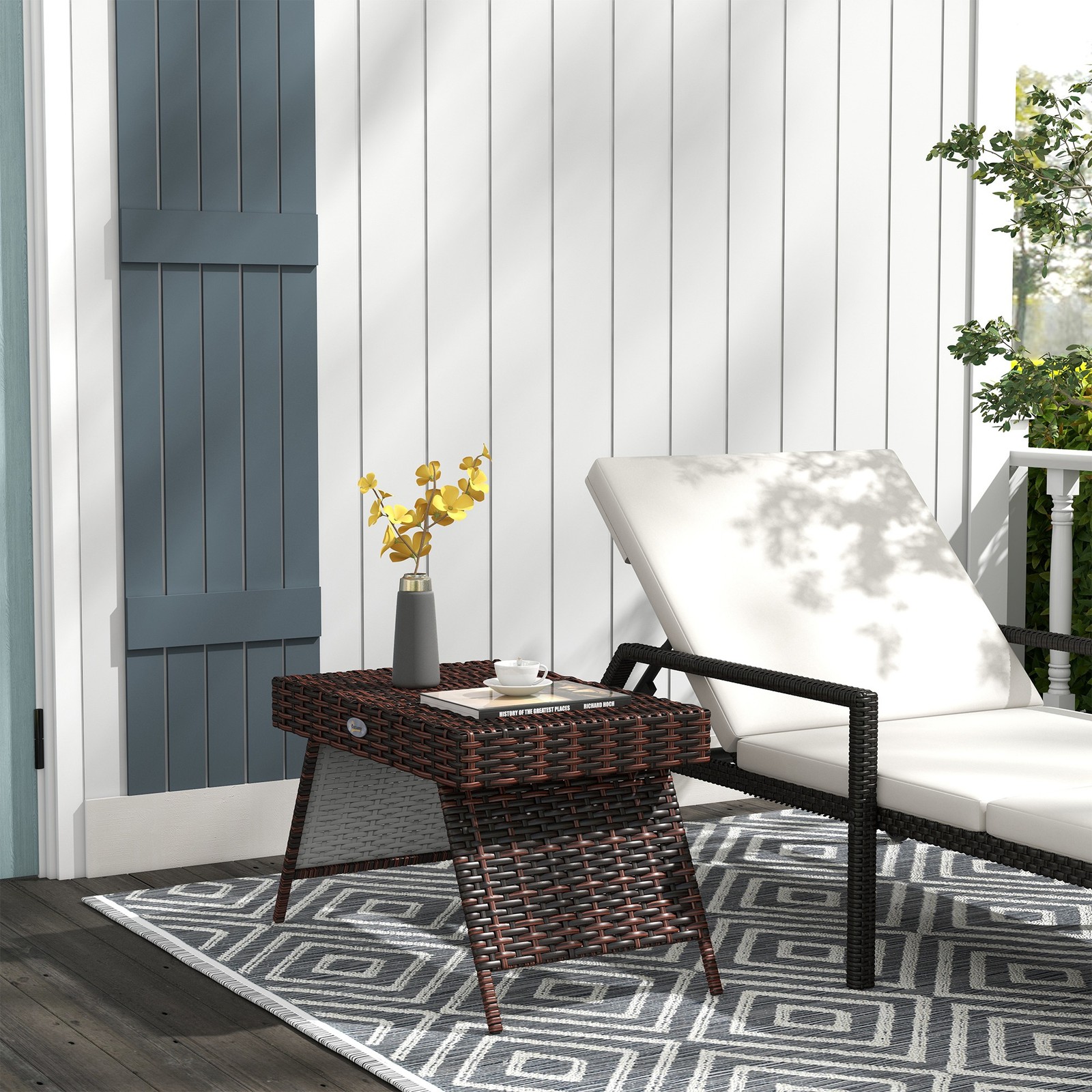 Outsunny Outdoor Rattan End Table, Foldable Patio Wicker Table, Brown