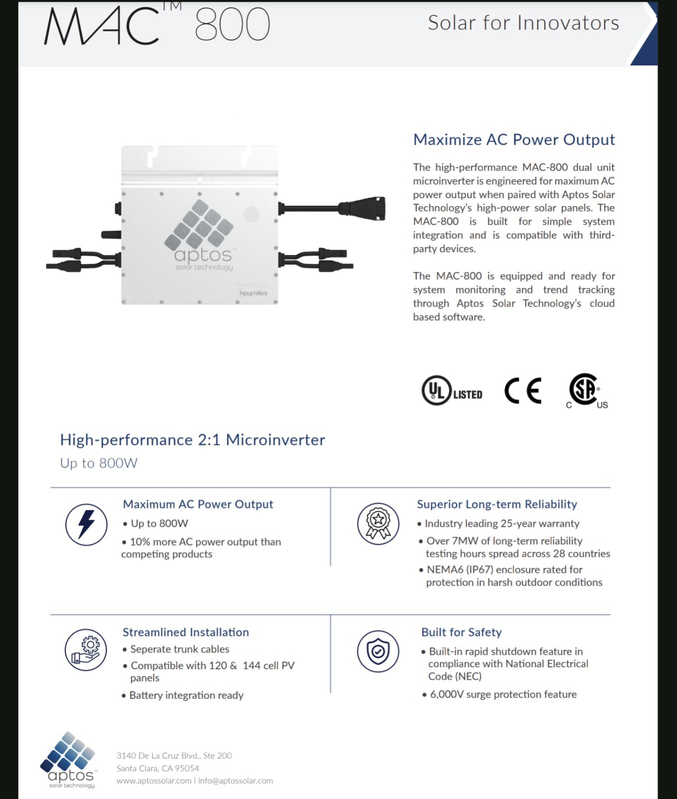 Aptos MAC-800 Dual Unit (2:1 Trunk Version) Microinverter