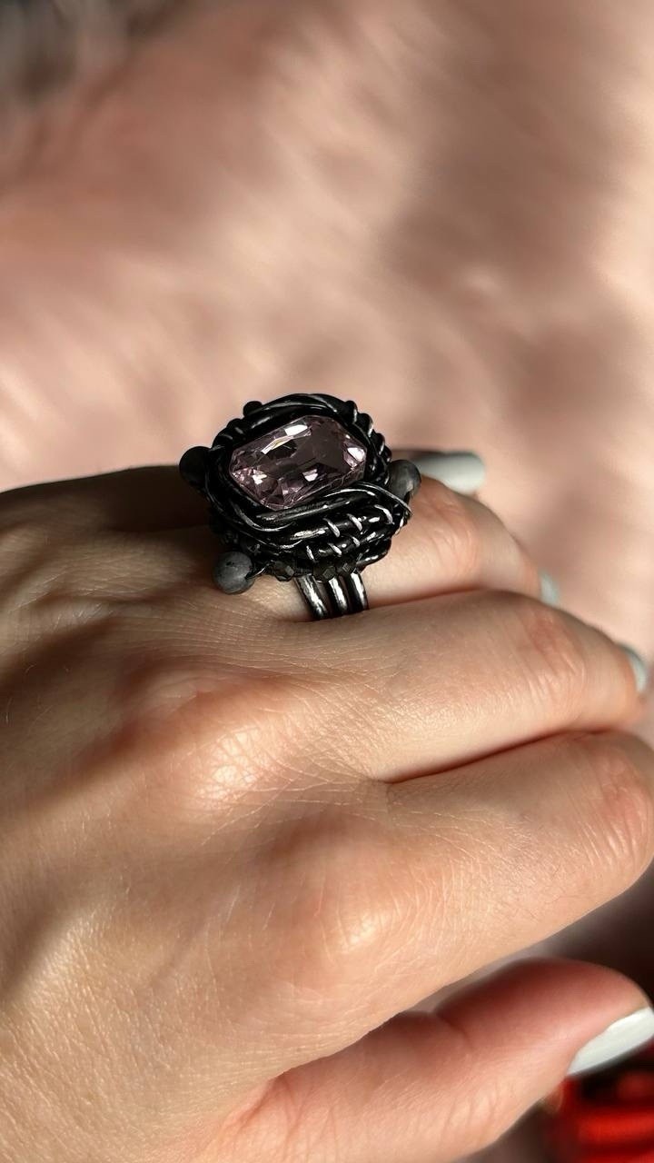 Handcrafted Statement Ring Black Wire Wrapped size 8