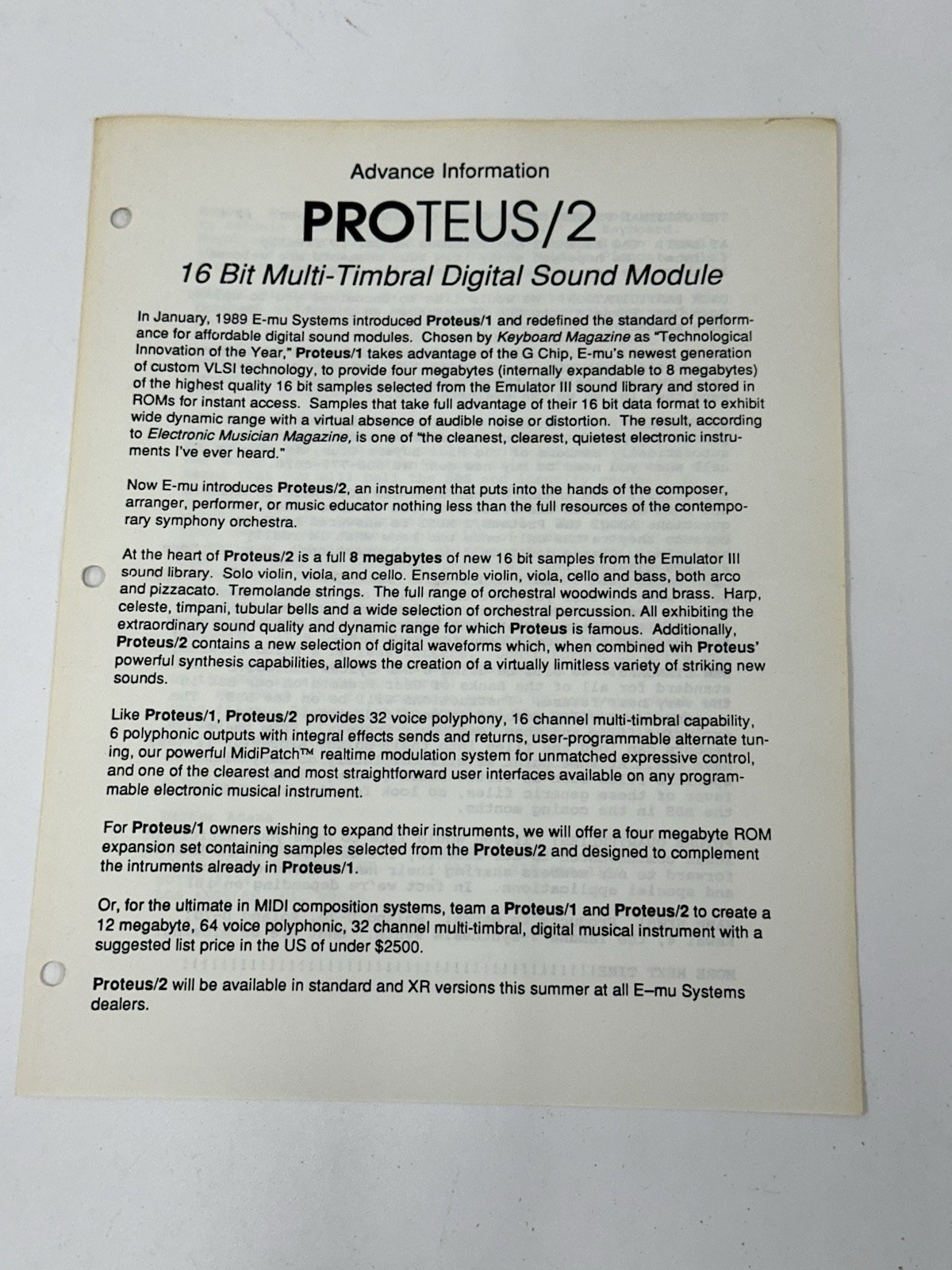 Proteus/2 Proteus 2 Advance Information User Group Quarterly Flyer