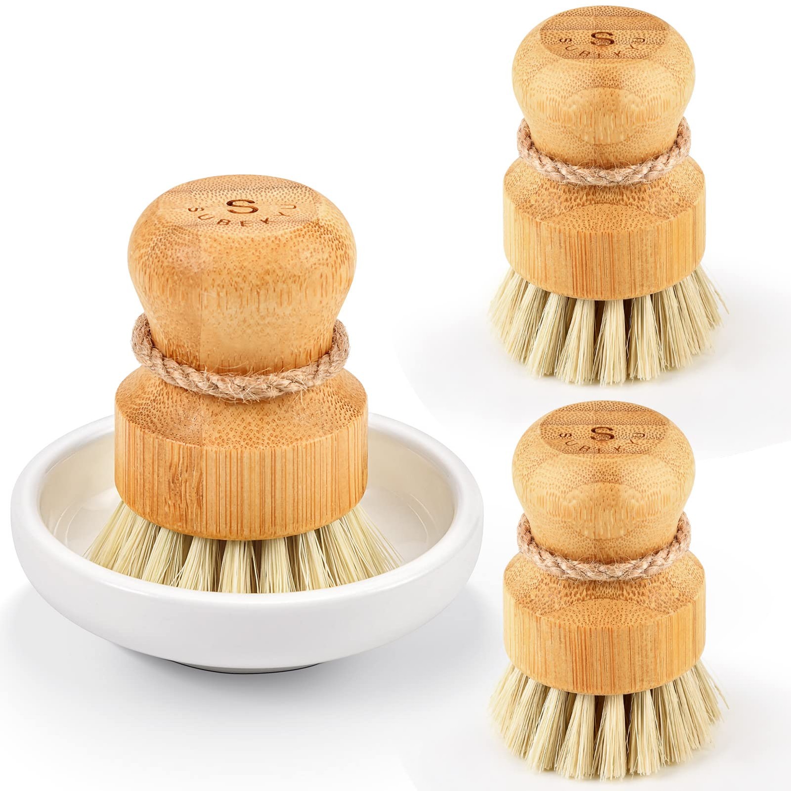 Bamboo Dish Scrub Regular size, Ceramics Base + 3p Sisal Brushes