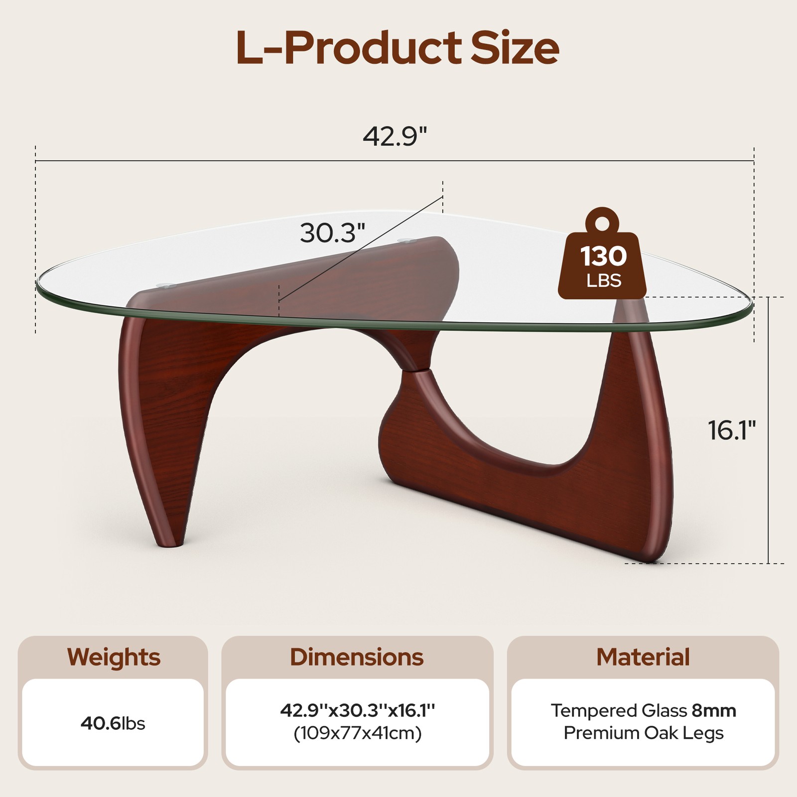 Used Noguchi Style Coffee Table Triangle Glass Top Premium Solid Hardwood Base