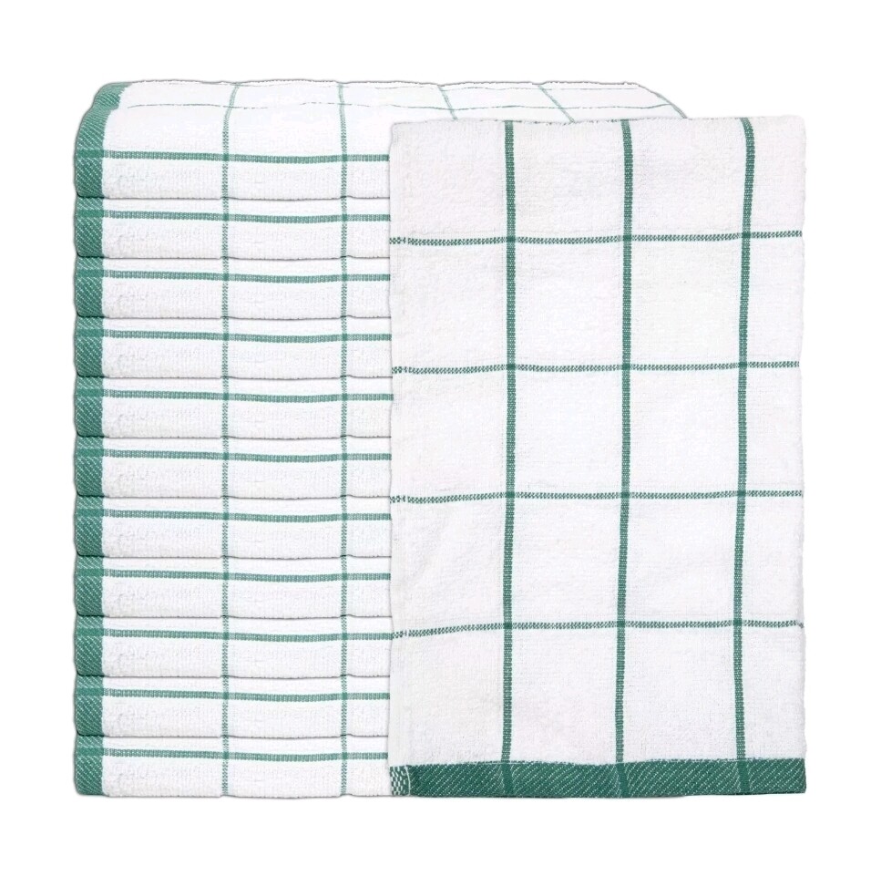 Kitchen Towel Packs of 12 - 100% Cotton - 15 x 25 - Striped Green