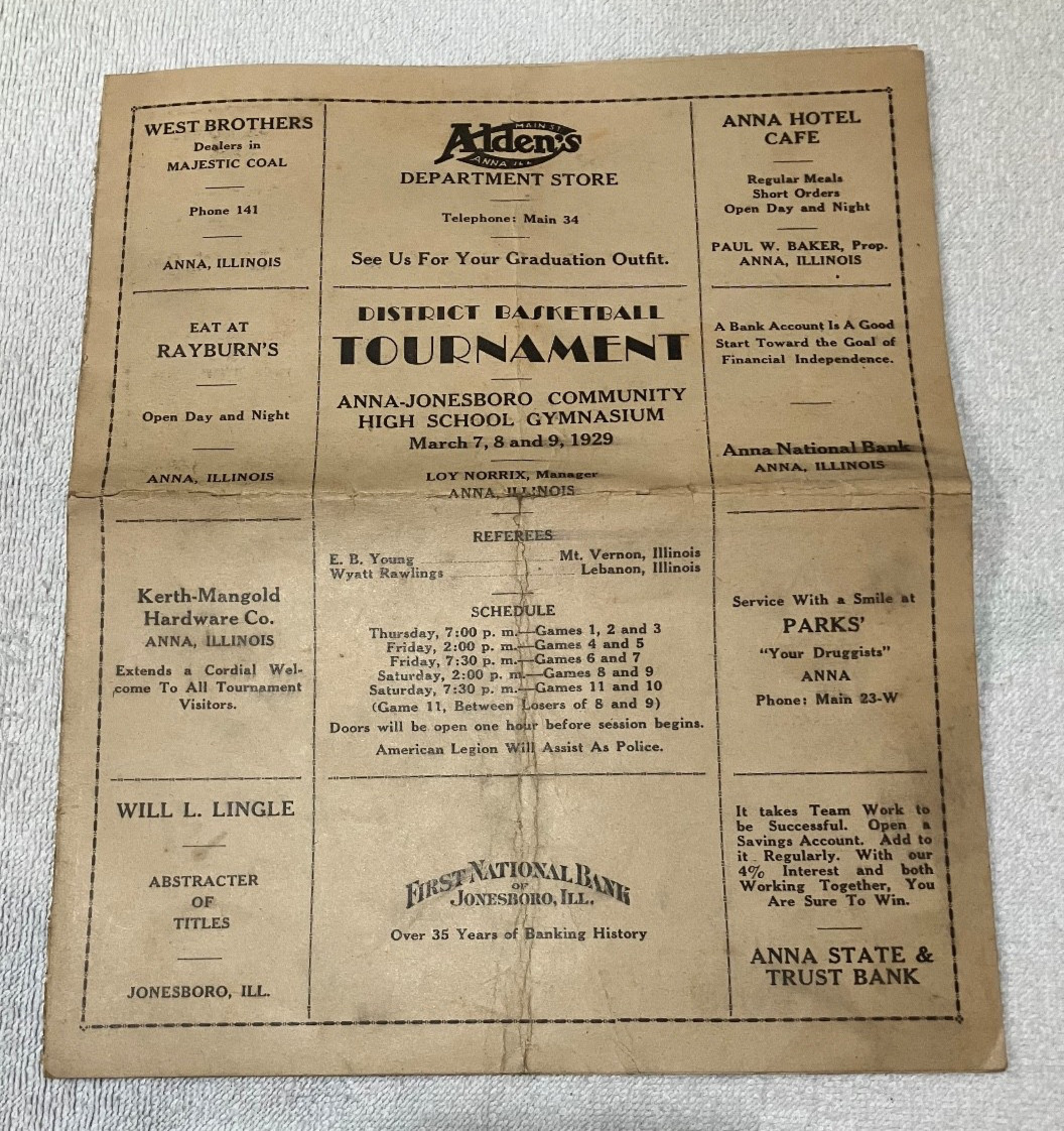 1929 District Basketball Tournament Program- Anna-Jonesboro Community H.S., IL.