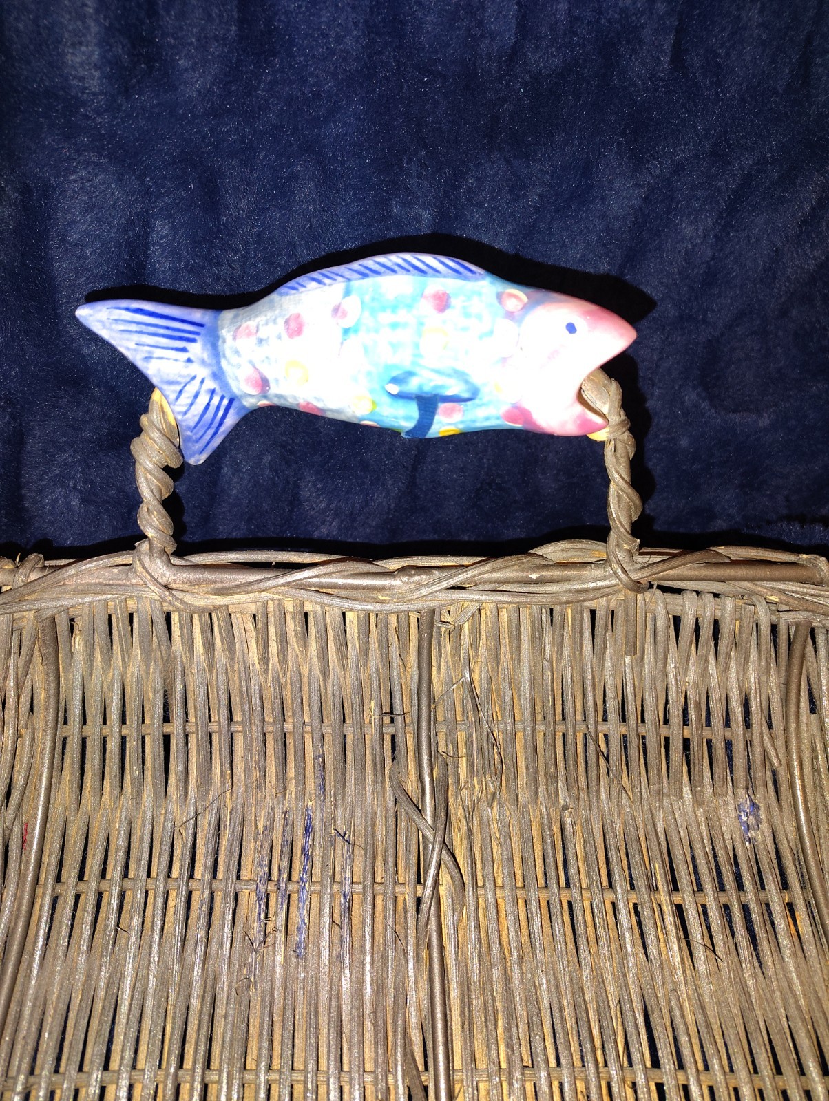 Philippines Wood/Wicker Basket w/ Ceramic Painted Fish Handles