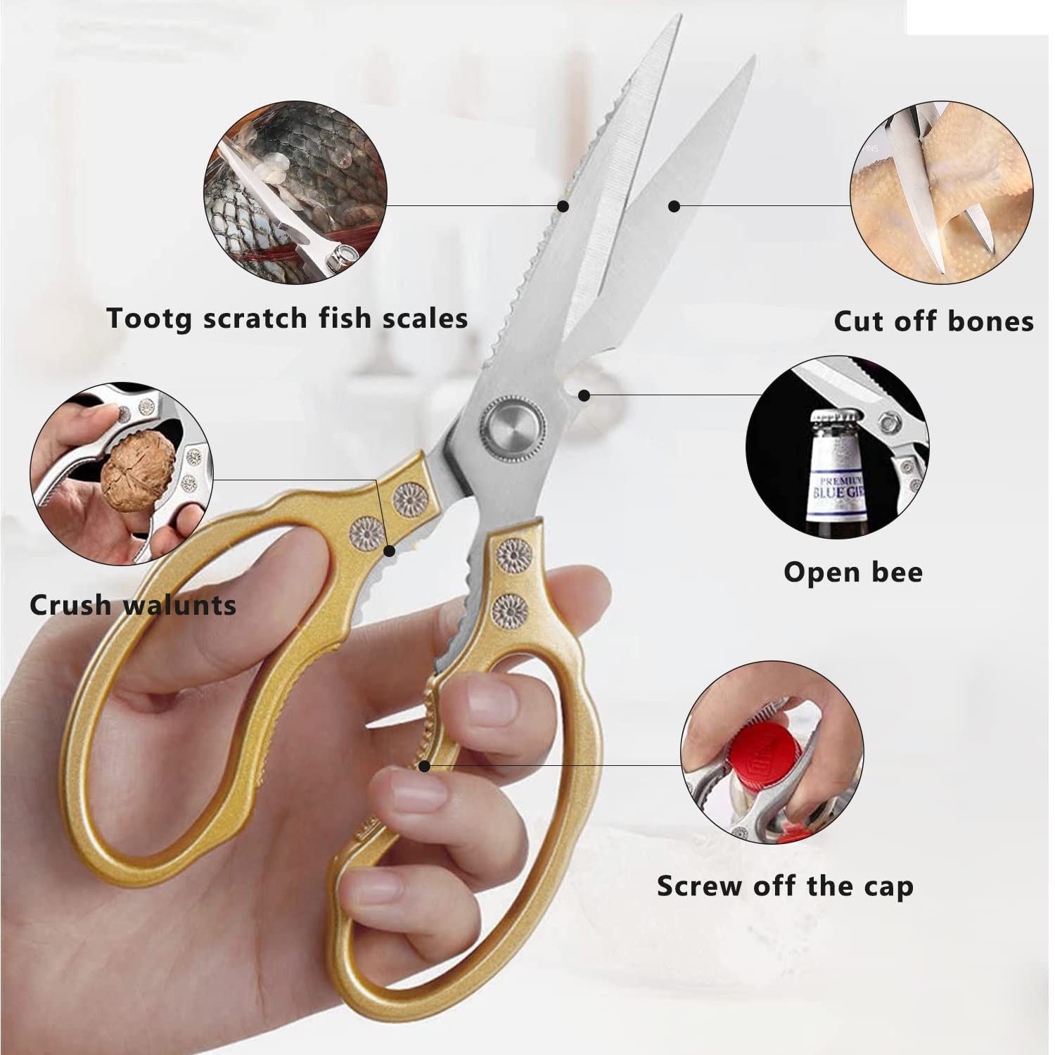 AWinjoy Kitchen Scissors, Heavy Duty Sharp Shears Dishwasher Safe, Gold