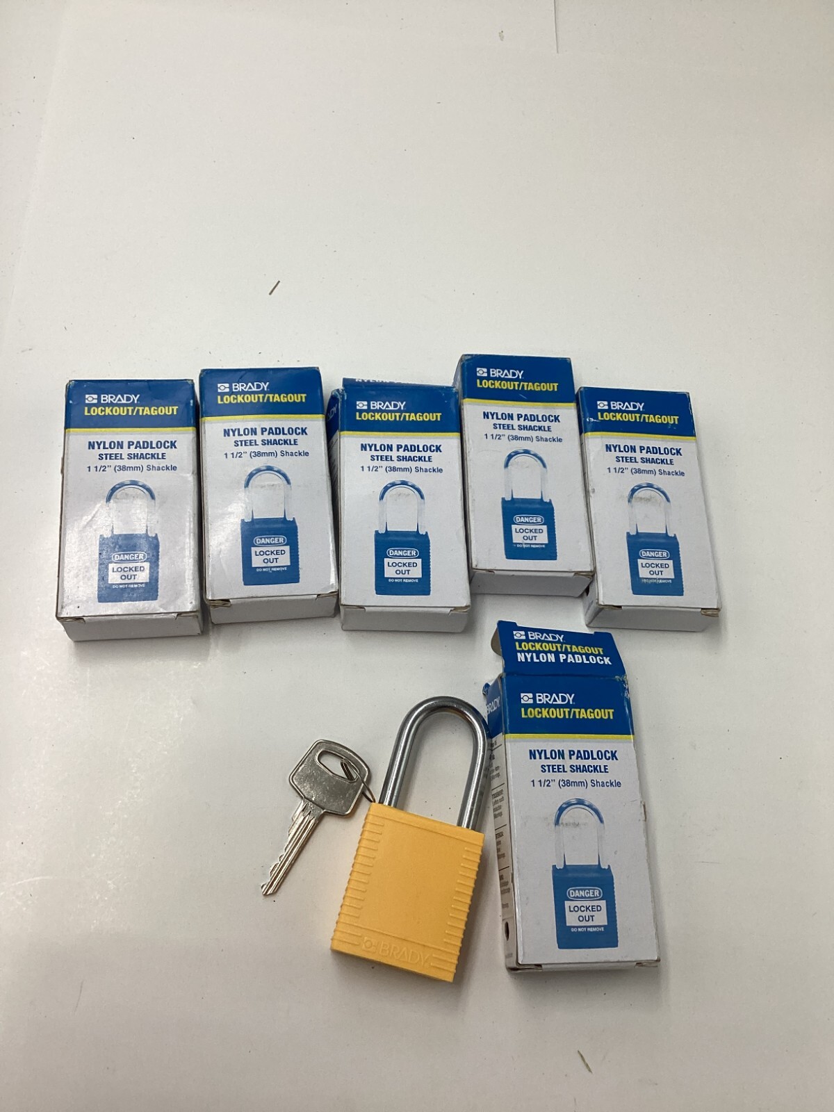 (QTY 6) Brady Lockout/Tagout Nylon Padlock 1-1/2" 38mm Steel Shackle Yellow