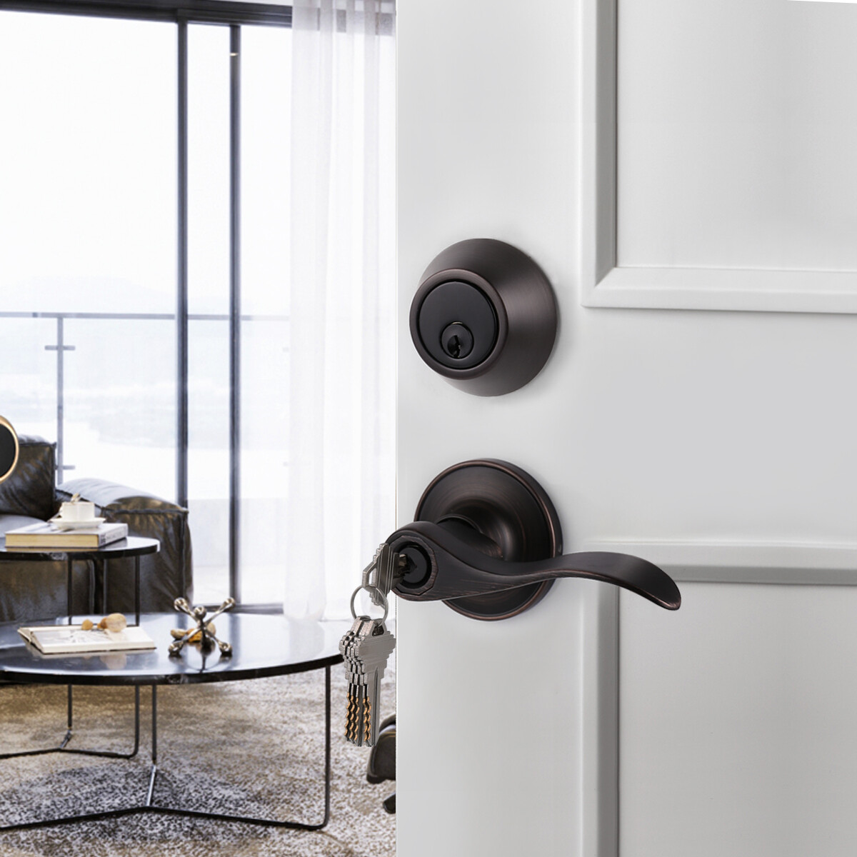 Probrico Front Entry Door Handle Lock Set Wave Lever Keyed alike Single Deadbolt