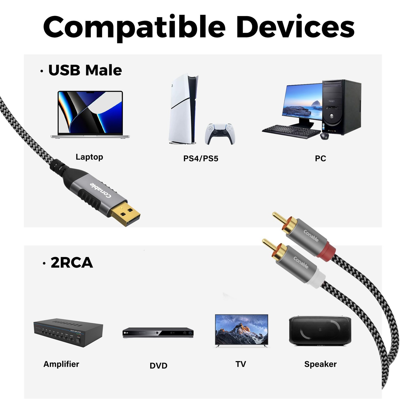 USB to RCA Audio Cable 6 FT, USB-A 2RCA Jack Plug Adapter, 6FT, Grey