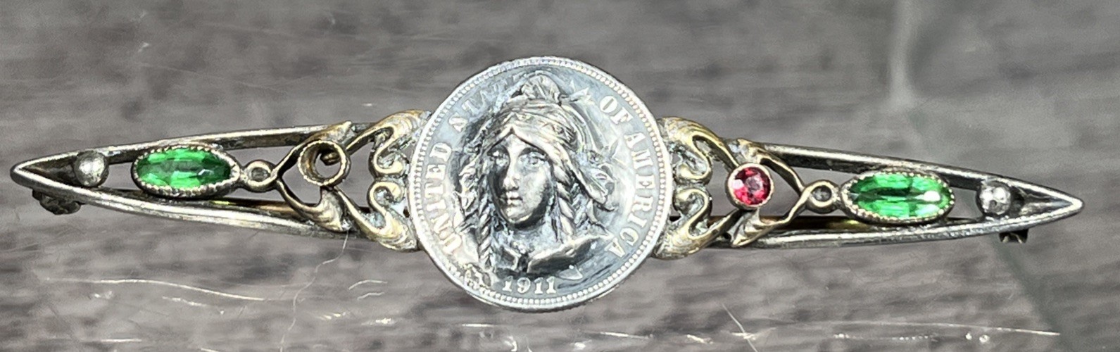 1911 Indian Head Silver Dime Pin/brooch Barber Pop Out Missing Stone!