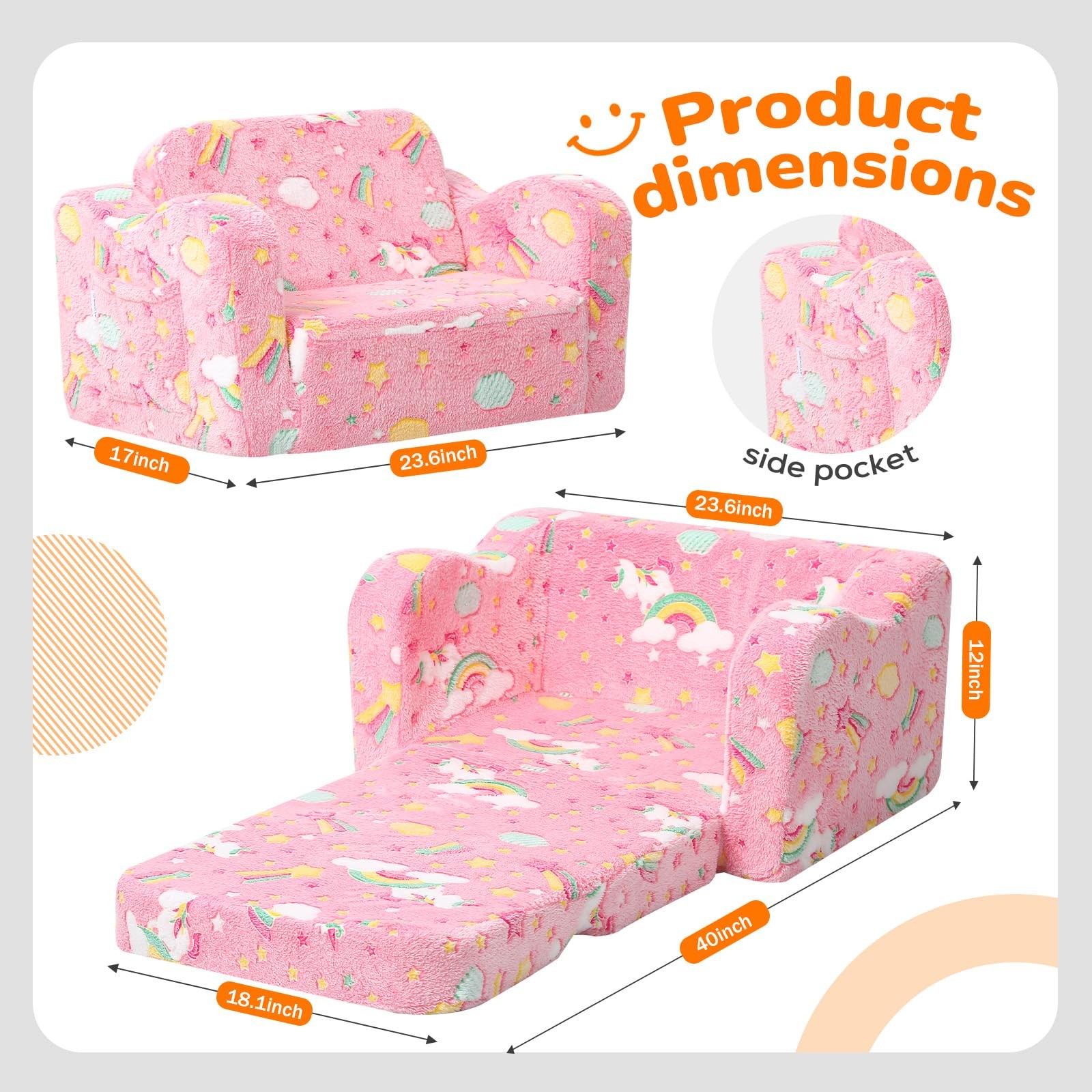 Folding Toddler Chair, Soft Plush Fold Out Kids Couch Sofa Glow in The Dark, Com