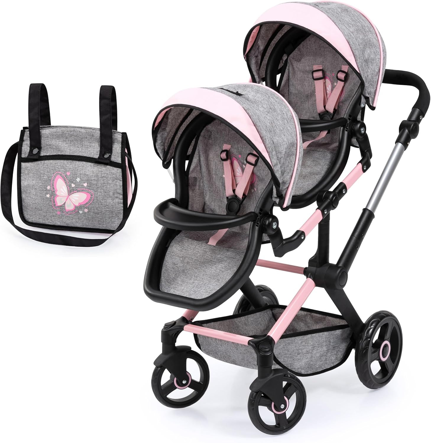 Twin Doll Stroller, Double Baby Stroller - Butterfly Grey & Pink | Fits 2 Dolls