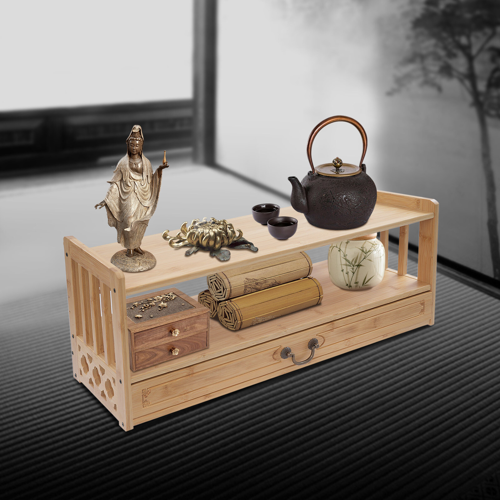 Freestanding Desktop Organizer Altar Table with Drawer Meditation Storage Table