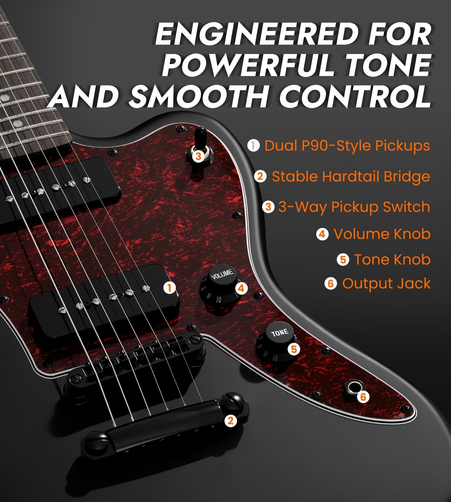 Tostar 39" Solid Body Electric Guitar for Beginner & Intermediate, P90-SBK | ...