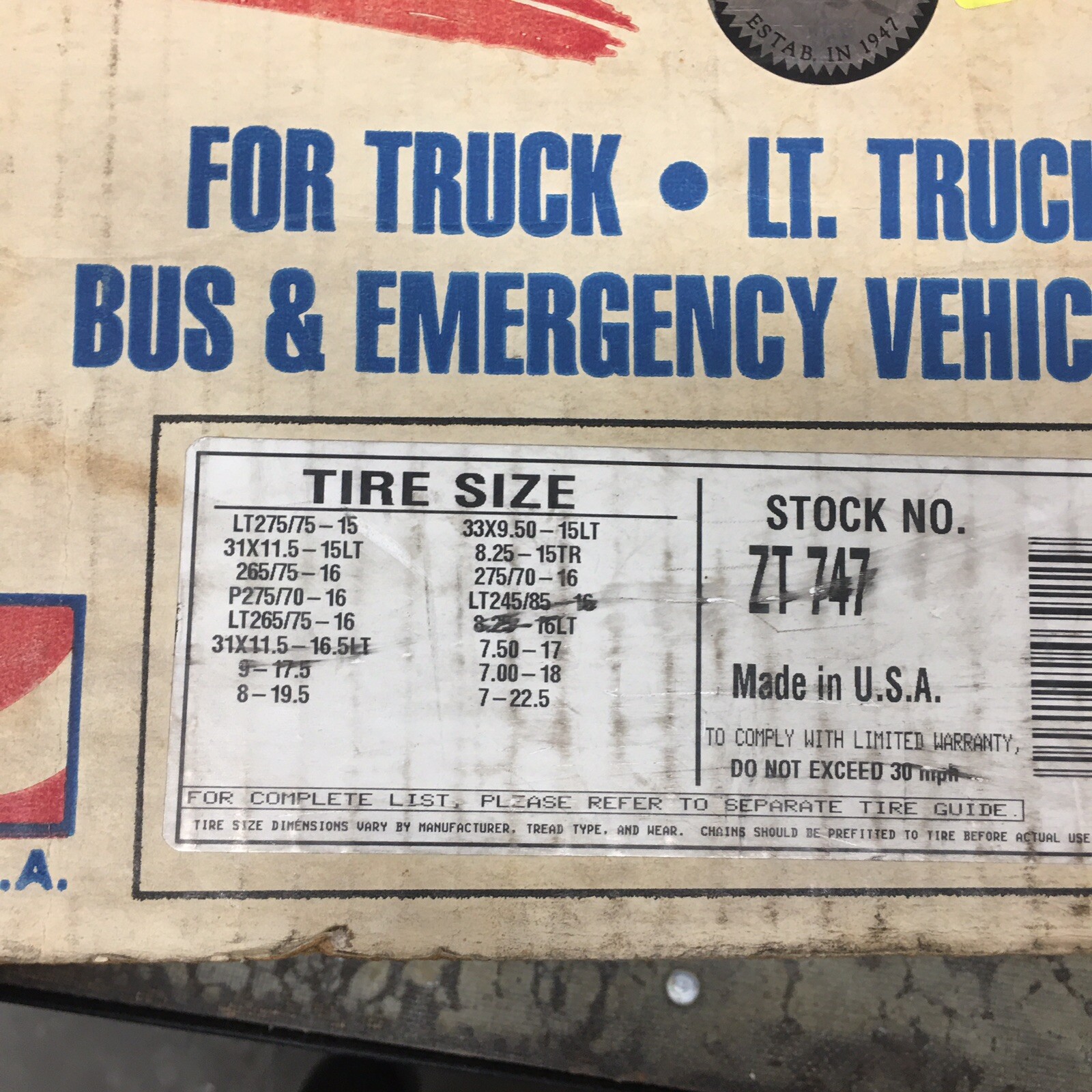NEW SUPER Z TIRE CHAINS ZT 747 TRUCK BUS VAN EMERGENCY VEHICL SEE CHART FOR FIT