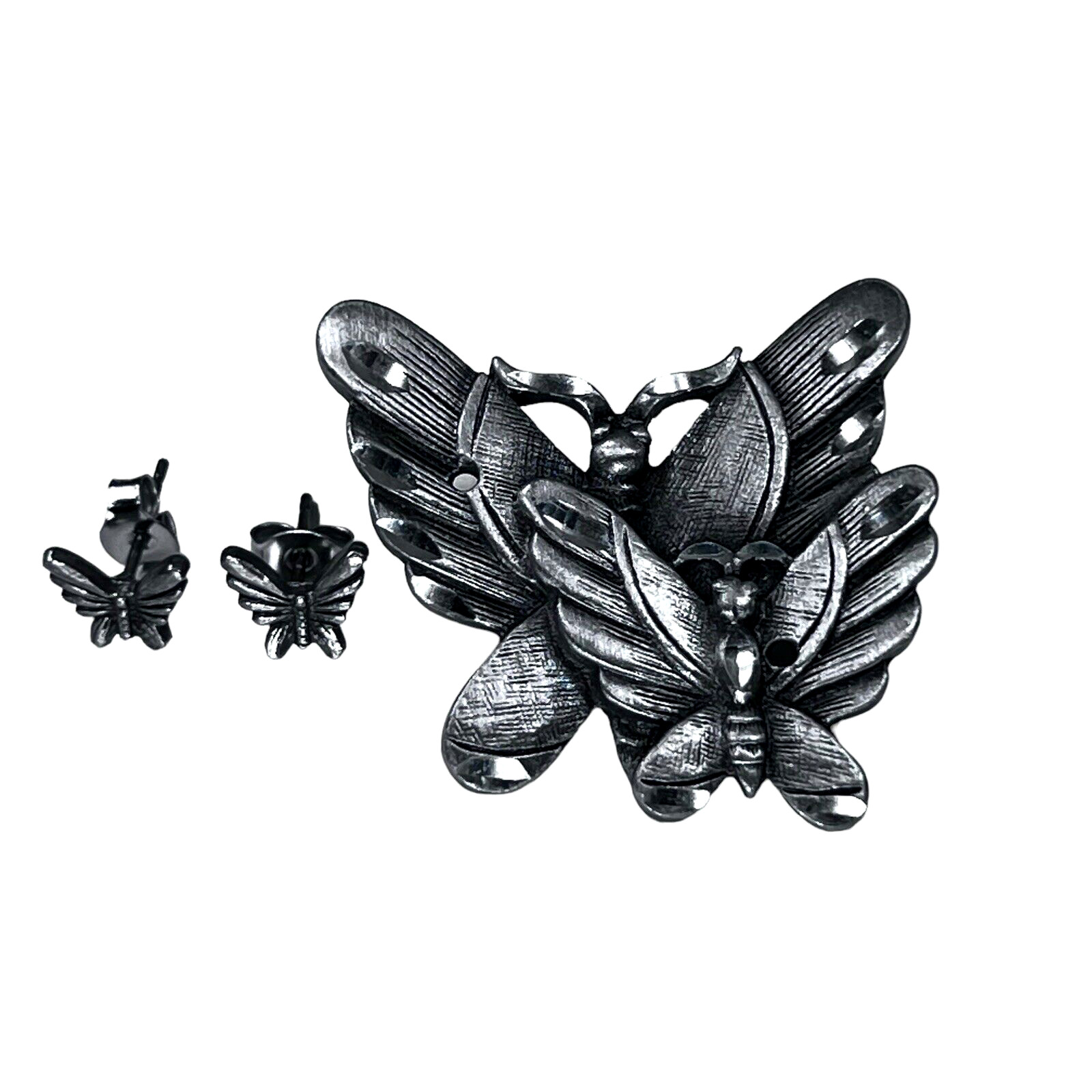 Vtg Butterfly Brooch Earrings Estate Set of 3 Silvertone Elegant Lightweight Pin