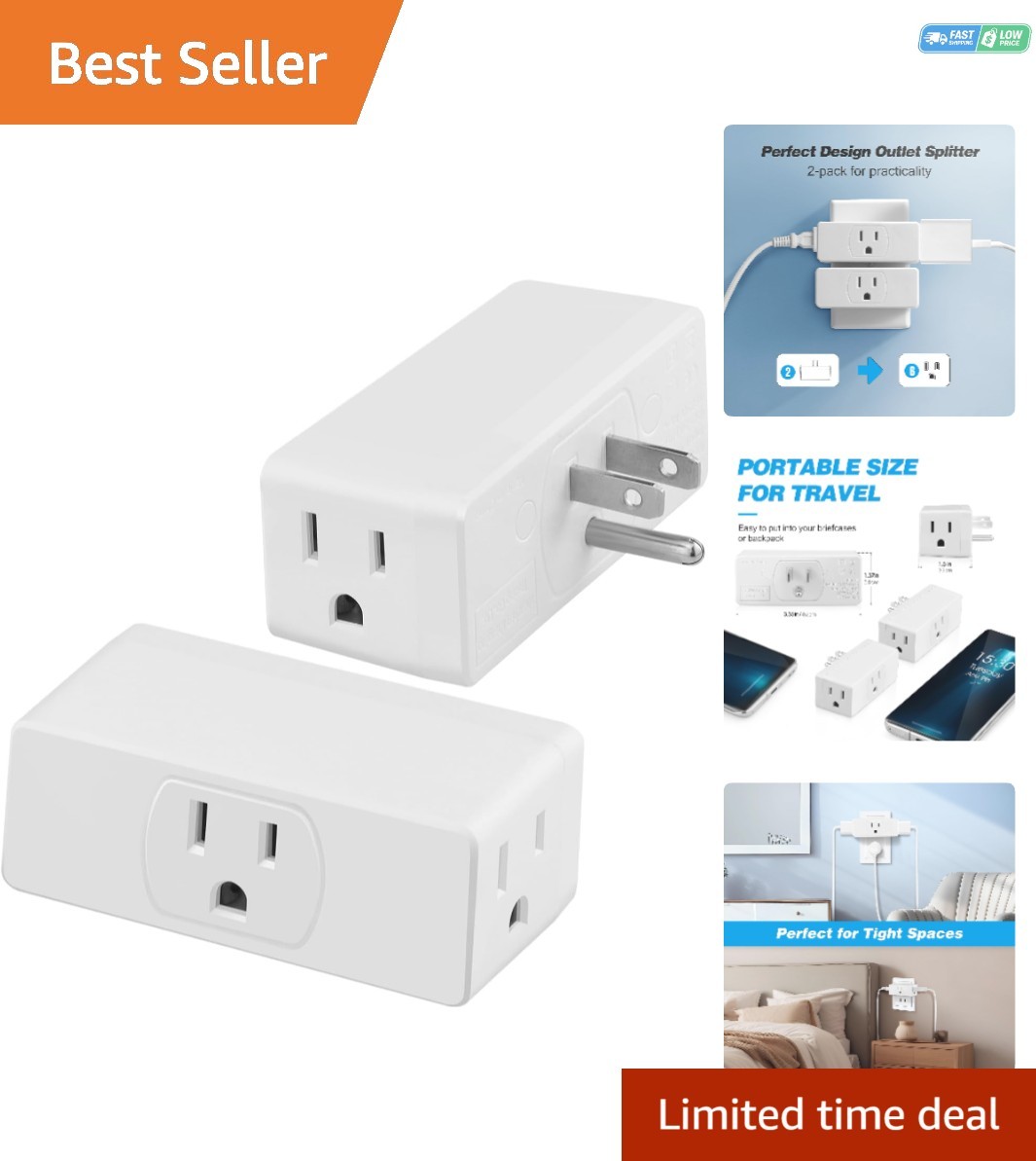 No Blocking Multi-Outlet Splitter - 3-Plug Wall Adapter for Home & Travel