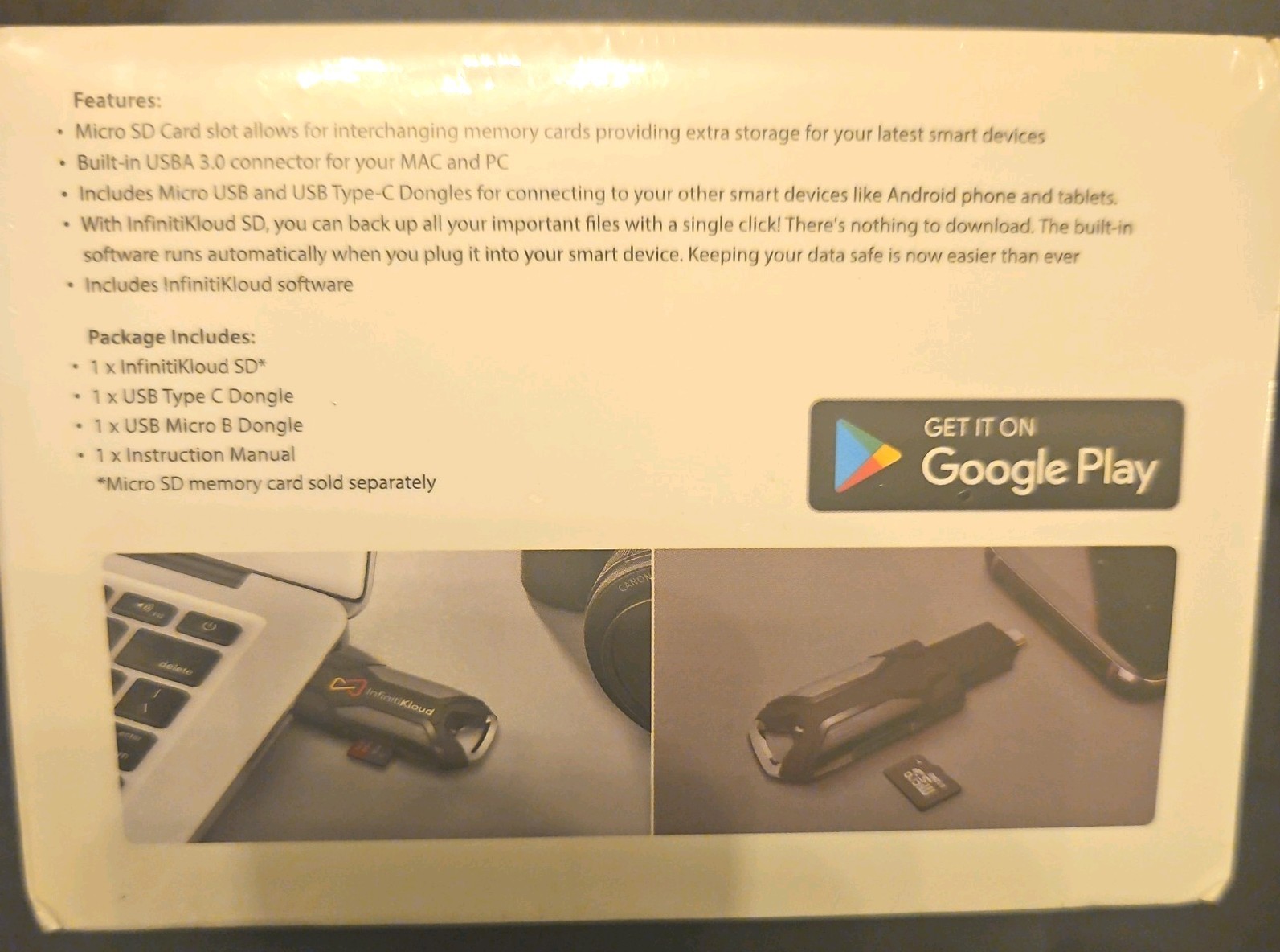InfinitiKloud SD- USB Powered Backup Drive- PC Mac Android- NEW & SEALED
