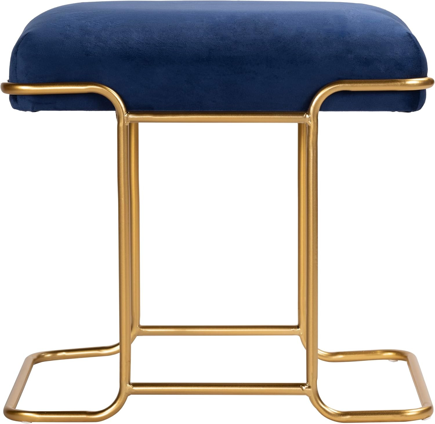 Elegant Blue Velvet Bluejay Ottoman with Gold Metal Base