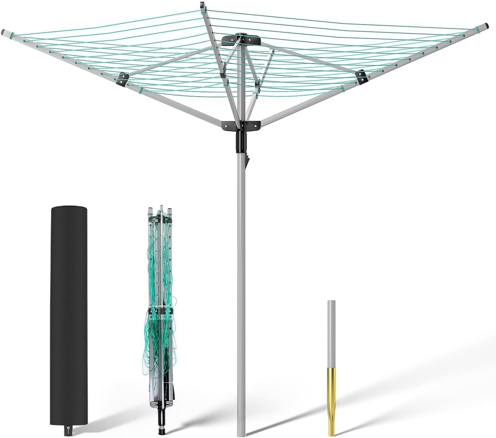 Rotary Umbrella Drying Rack Adjustable Height 4-Arm Clothesline Outdoor Laundry