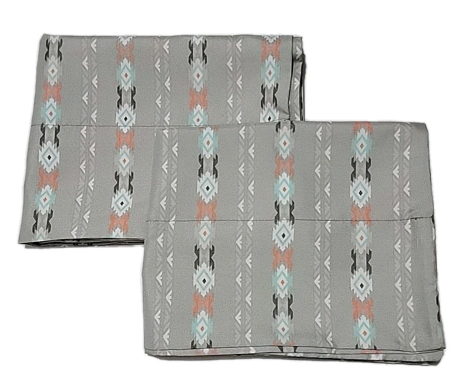 Set Of 2 Grey 100% Polyester Pillowcases W/Aztec Design Orange & Aqua 20 X 30...