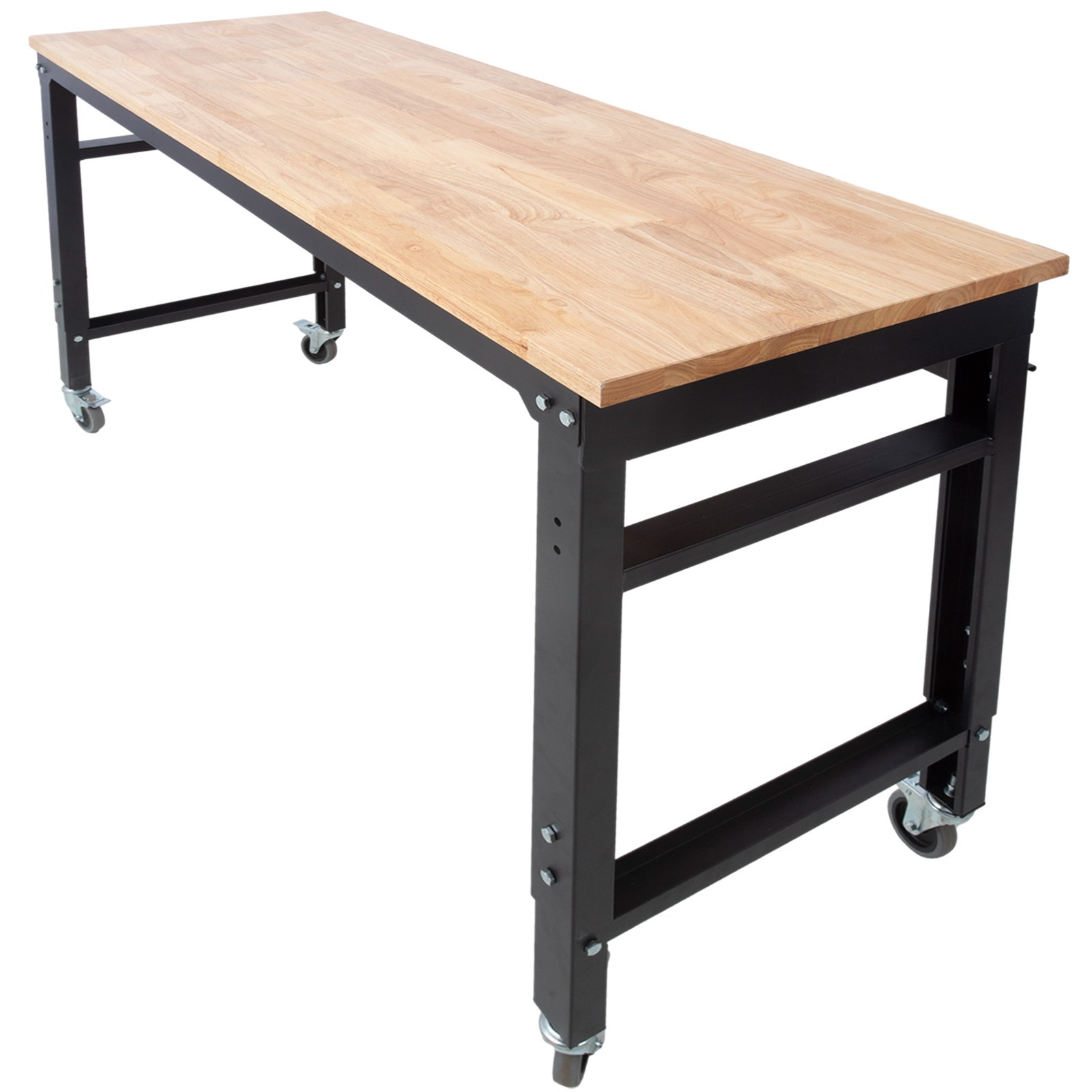 Adjustable Height 60" Rolling Workbench Metal Rubberwood Top