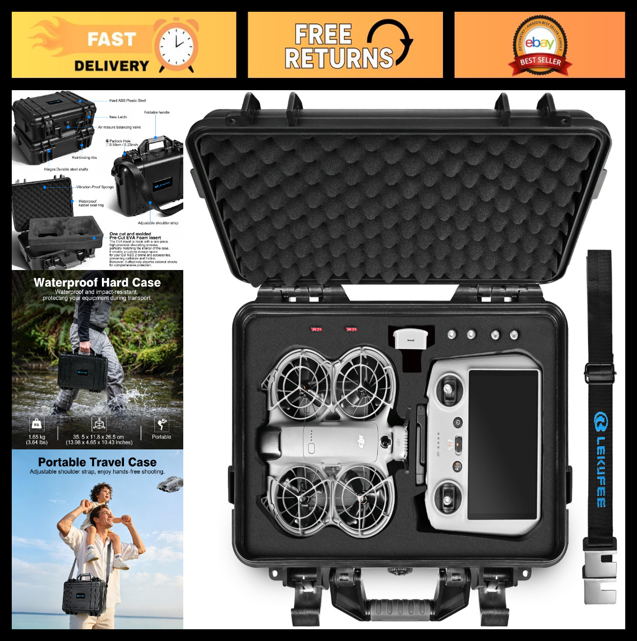 Waterproof Hard Carrying Case for DJI Neo 2, Fly More Combo, RC 2/RC N3 & Access