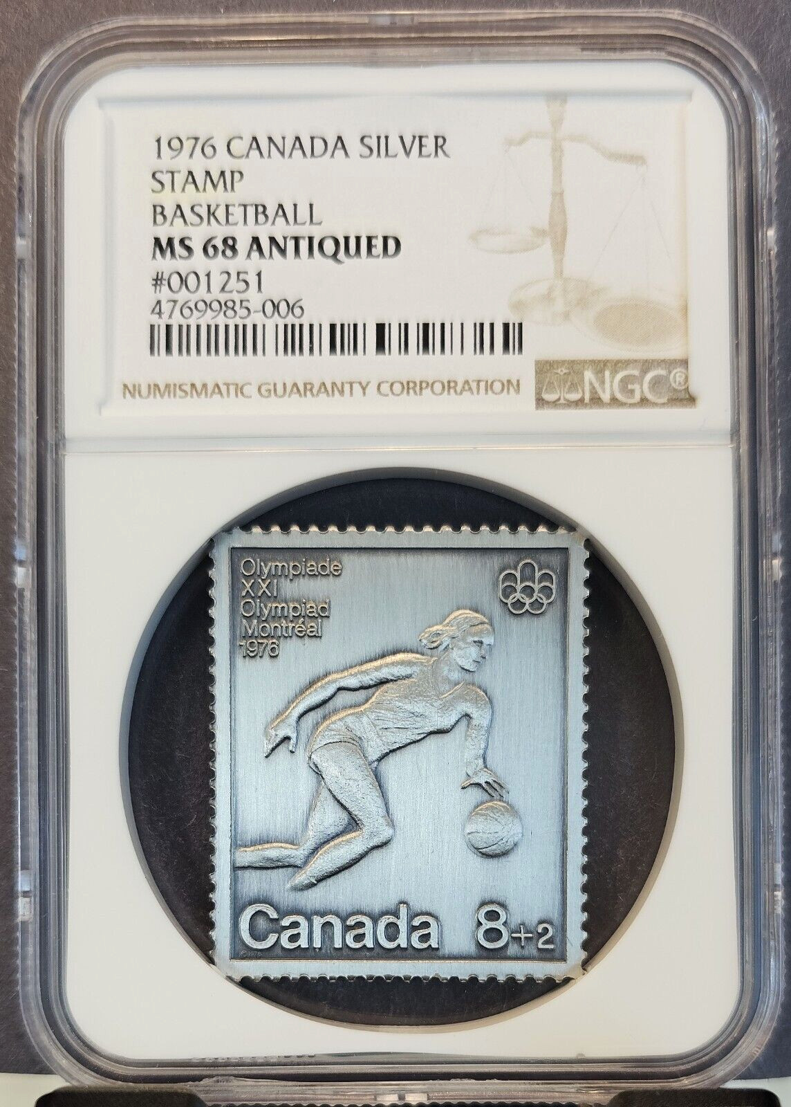 1976 CANADA SILVER STAMP BASKETBALL NGC MS 68 ANTIQUED JOHNSON MATTHEY MINTED
