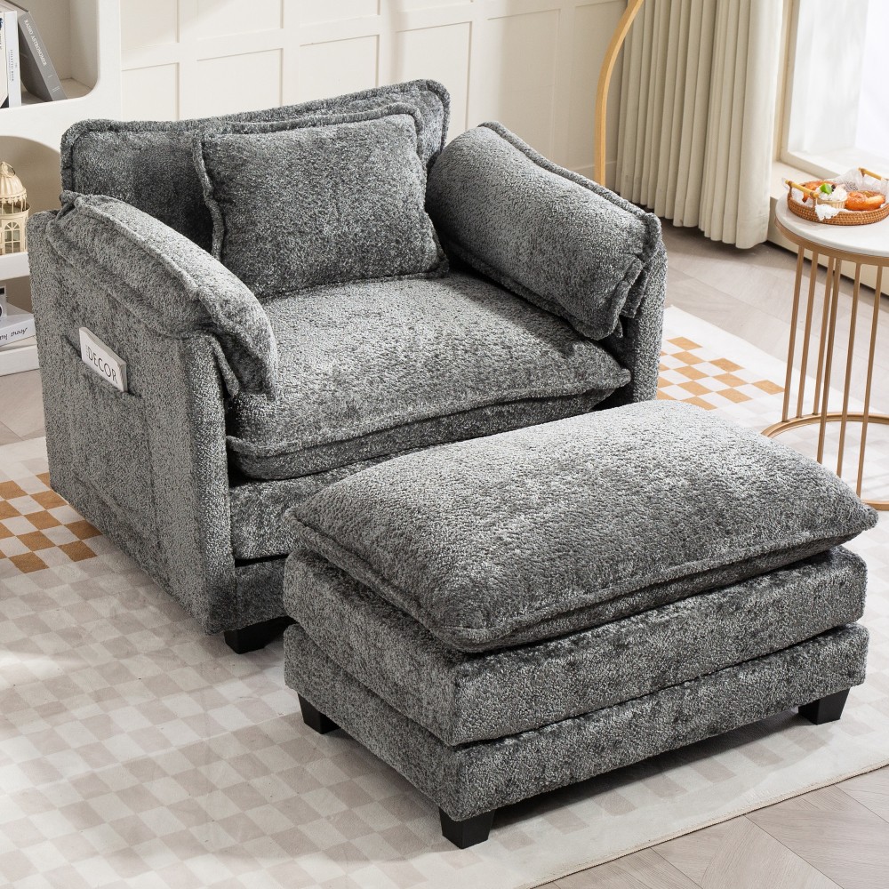 Oversized Boucle Sofa Bed – Portable Ottoman, Wider Seat,Deep Cushions,DARK GREY