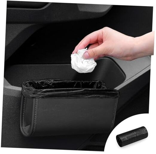 Car Trash Can, Leather Car Trash Bin Door Organizer with a Roll of Black