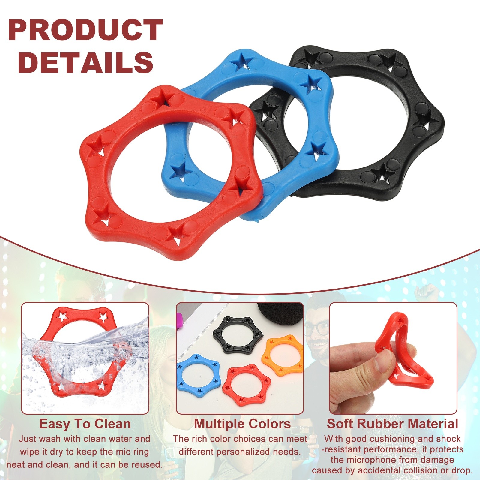 Microphone Anti-Roll Rubber Hexagonal Rings, 5 Pack & 1.4 x 2.3" & Red