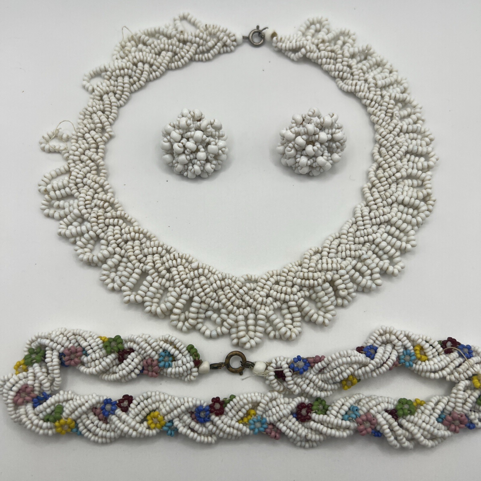 Vintage Seed Bead Woven Braided Necklaces & Clip Earrings For Repair Recycle Lot