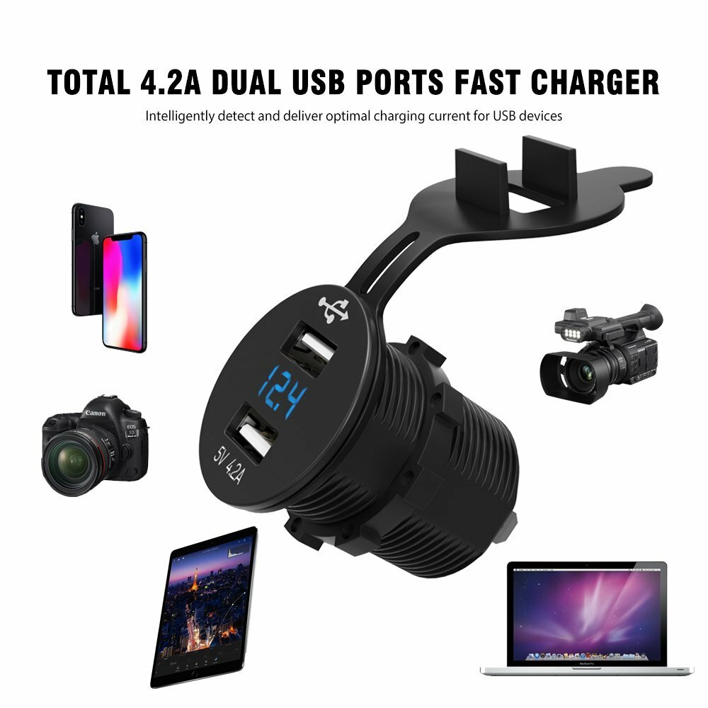 Aluminum 4.2A Dual USB Port Car Cigarette Lighter Socket Plug Blue LED Voltmeter