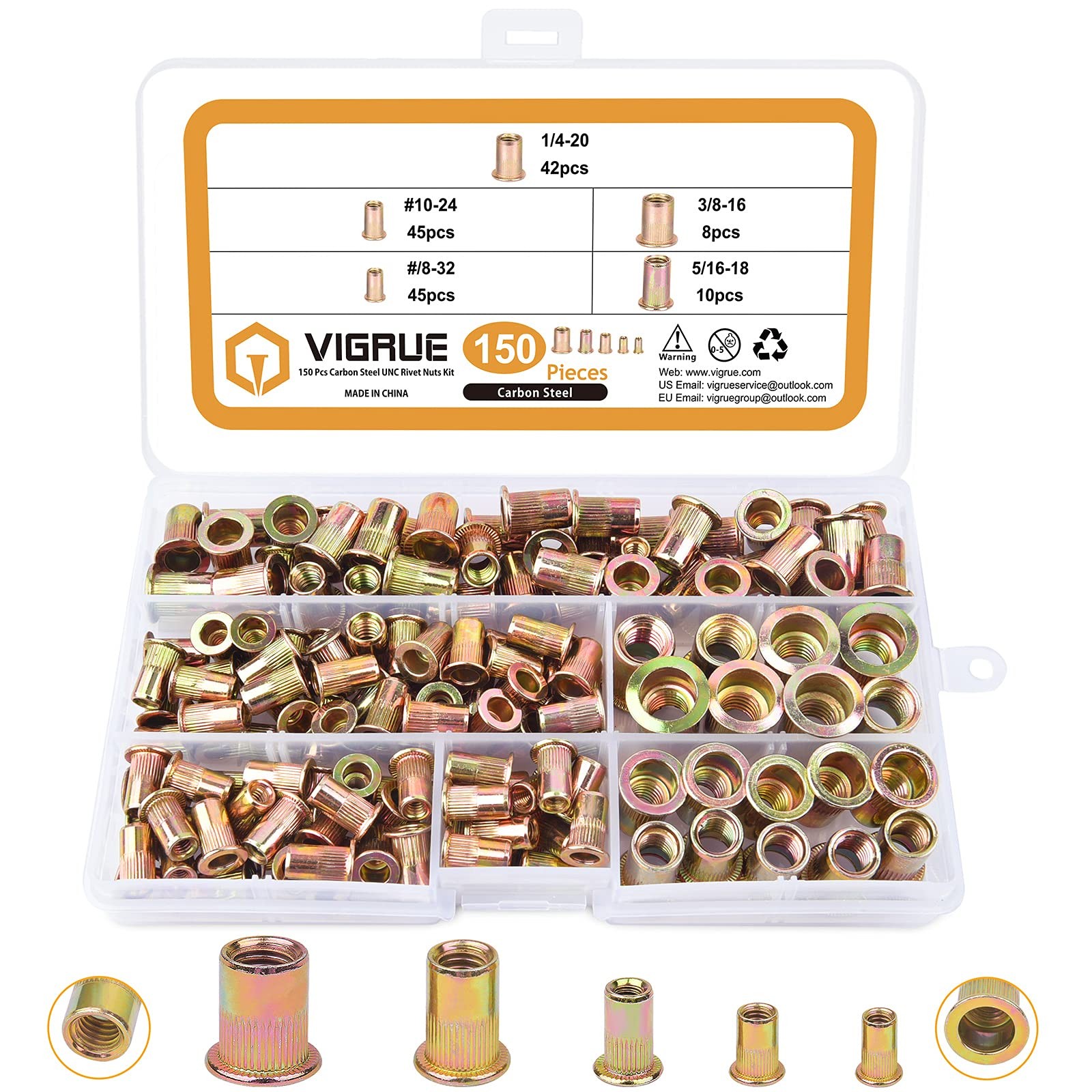 150pcs Carbon Steel Rivet Nuts Kit, UNC Threaded Inserts, Yellow Zinc Finish