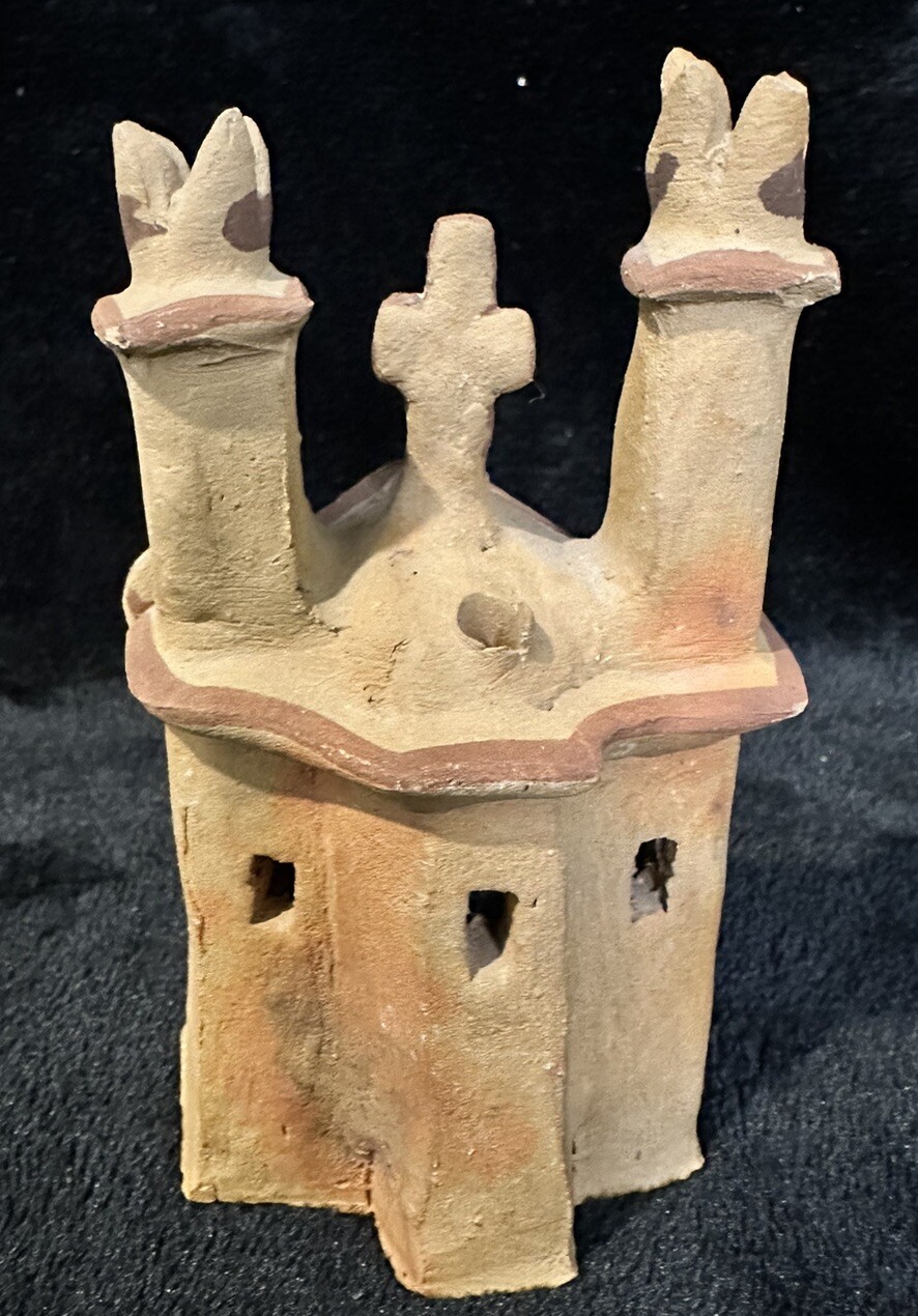 Vintage Peruvian Folk Art TerraCotta Pottery Clay Mission Church With Cross