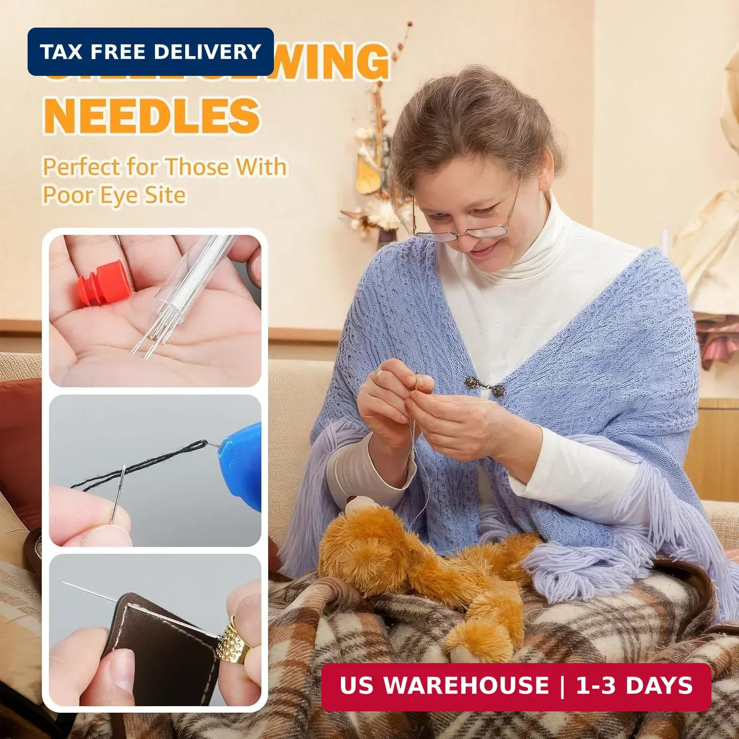 43Pcs Stainless Steel Sewing Kit for Adults - Big Eye Hand Sewing Needles with T