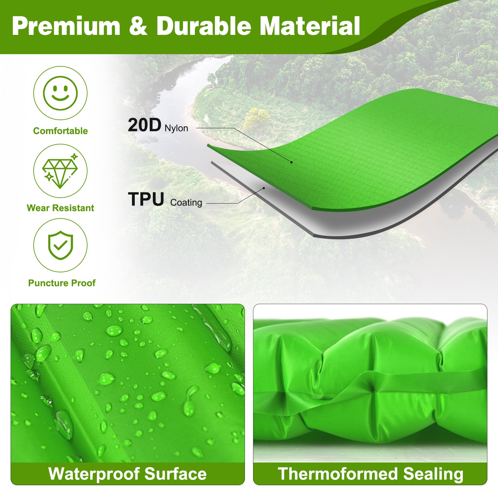 Inflatable 3 Inch Camping Sleeping Pad Waterproof & Comfortable Sleeping Mat