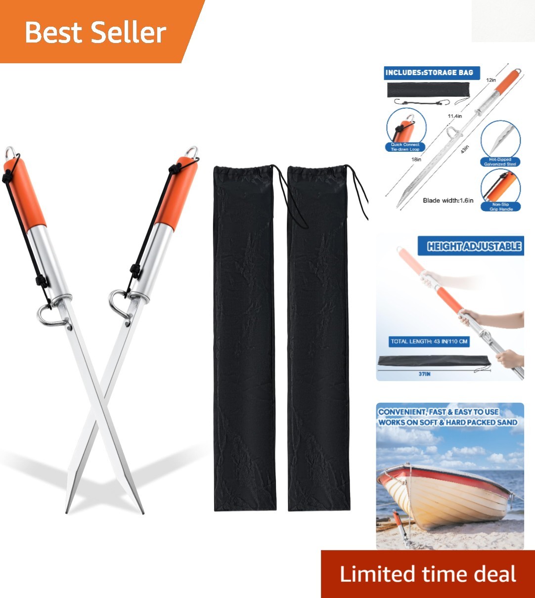 Pack of 2 43'' Sand Spike Anchors – Reliable Shallow Water Solution for Boats