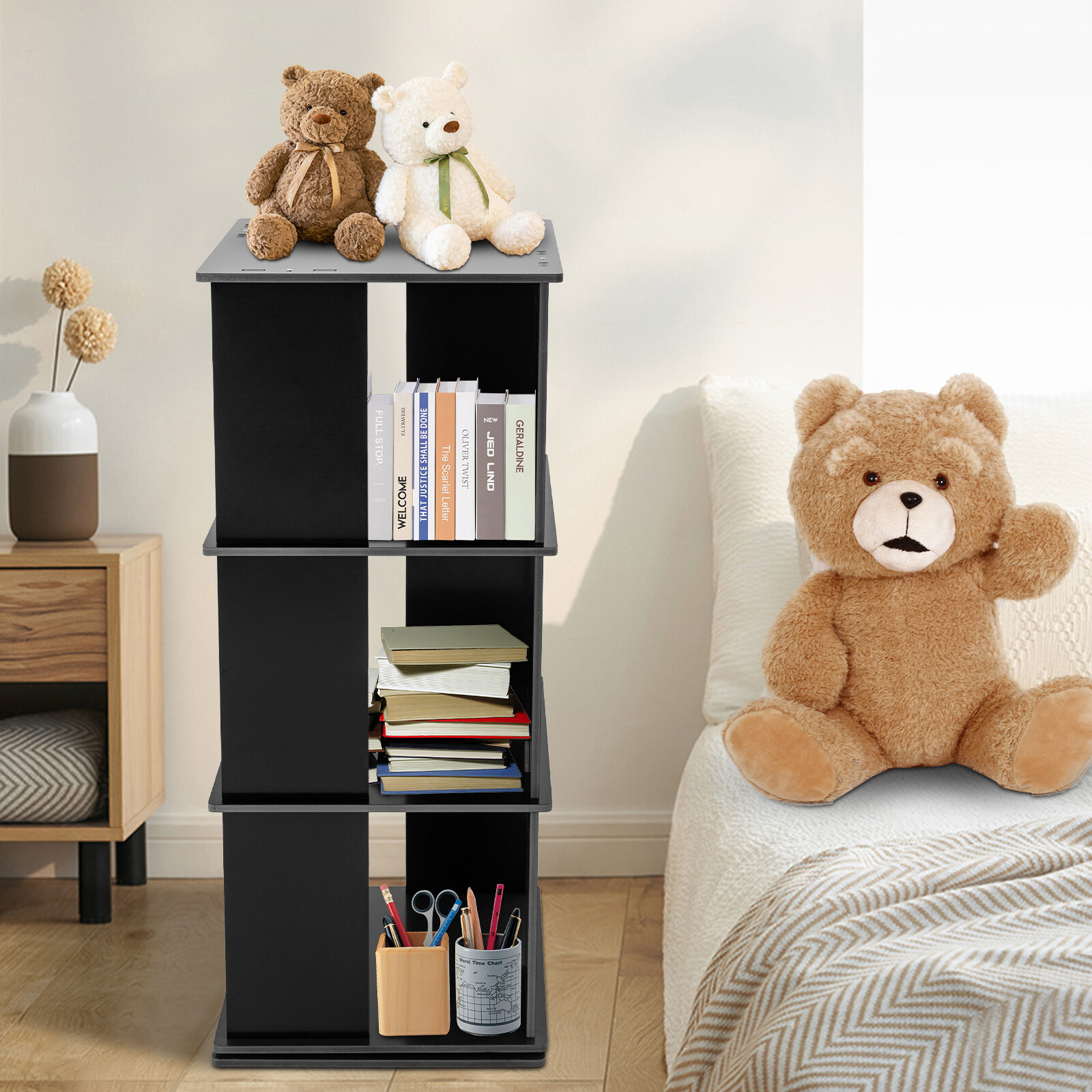 3 layers 360° Rotating Bookshelf Display FreeStanding Wood Bookcase Storage Rack